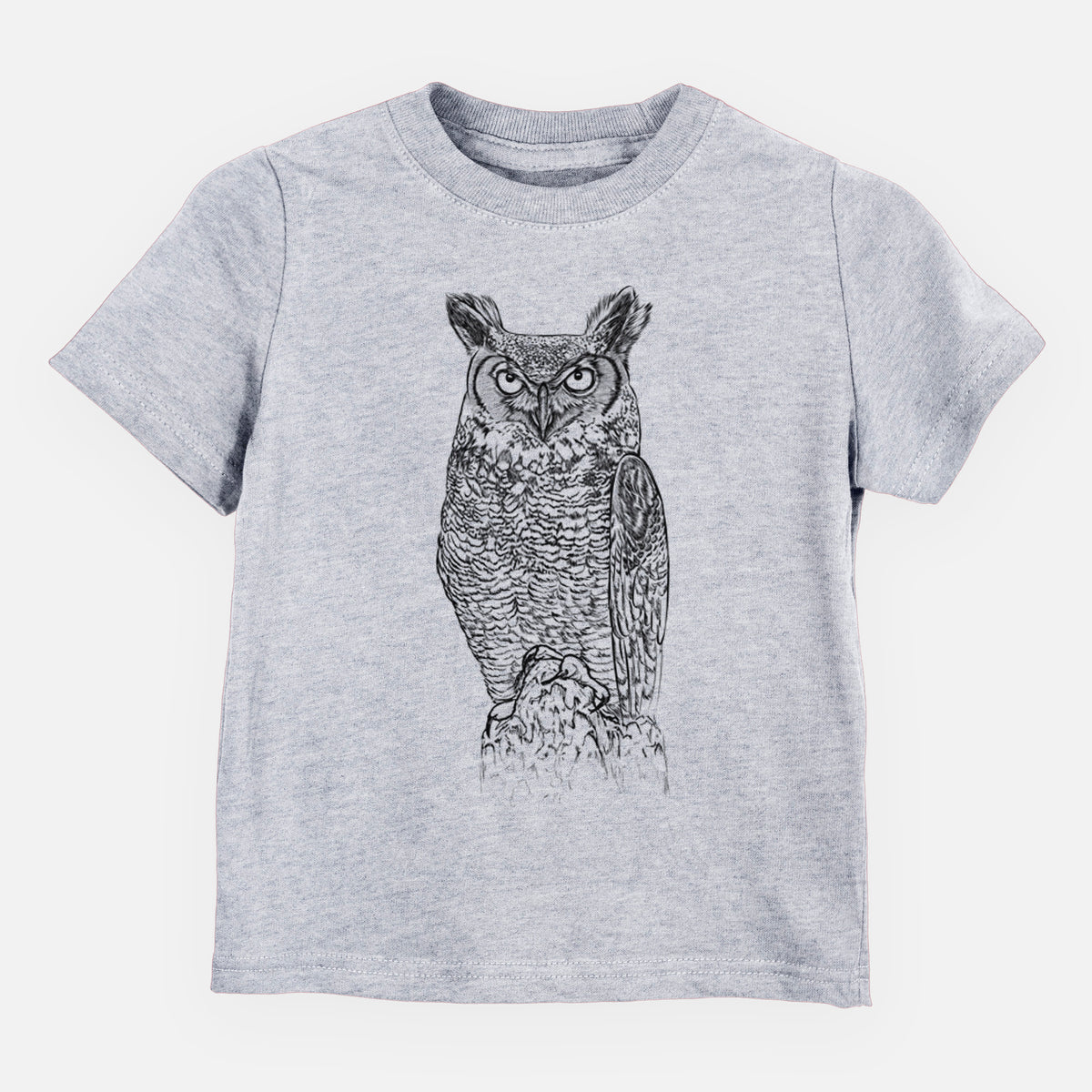 Heather grey toddler t-shirt laid flat, printed with a detailed black ink illustration of a great horned owl standing upright with its ear tufts raised.
