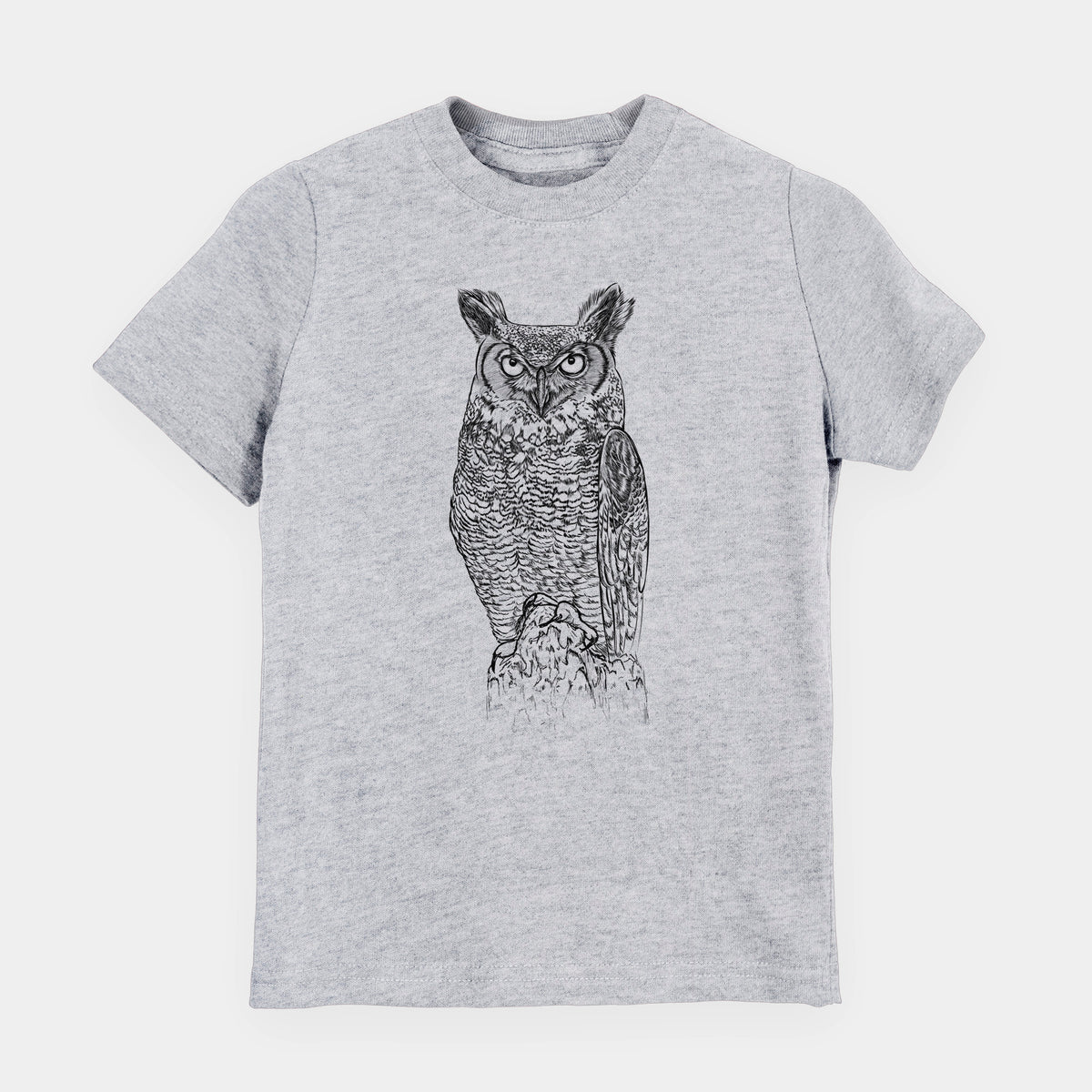 Heather grey youth t-shirt laid flat, printed with a detailed black ink illustration of a great horned owl standing upright with its ear tufts raised.