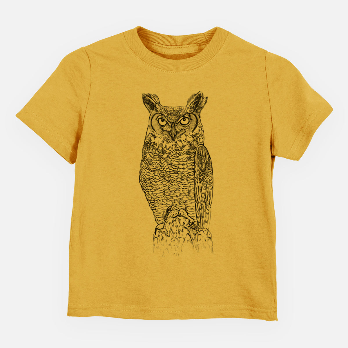 Honeycomb yellow toddler t-shirt laid flat, printed with a detailed black ink illustration of a great horned owl standing upright with its ear tufts raised.