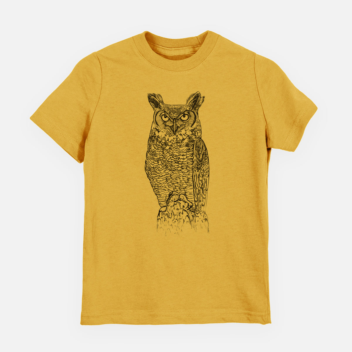 Honeycomb yellow youth t-shirt laid flat, printed with a detailed black ink illustration of a great horned owl standing upright with its ear tufts raised.