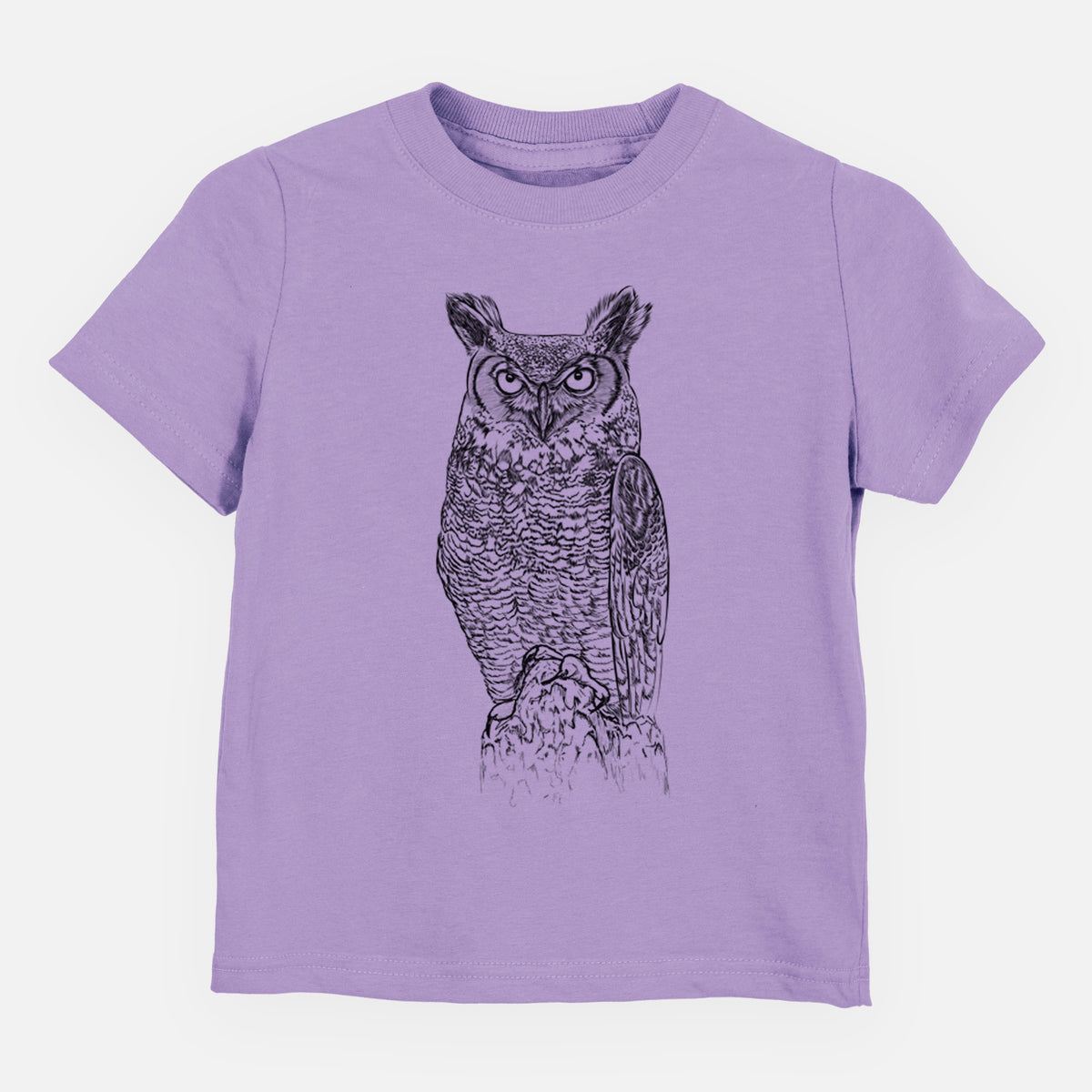 Lavender toddler t-shirt laid flat, printed with a detailed black ink illustration of a great horned owl standing upright with its ear tufts raised.