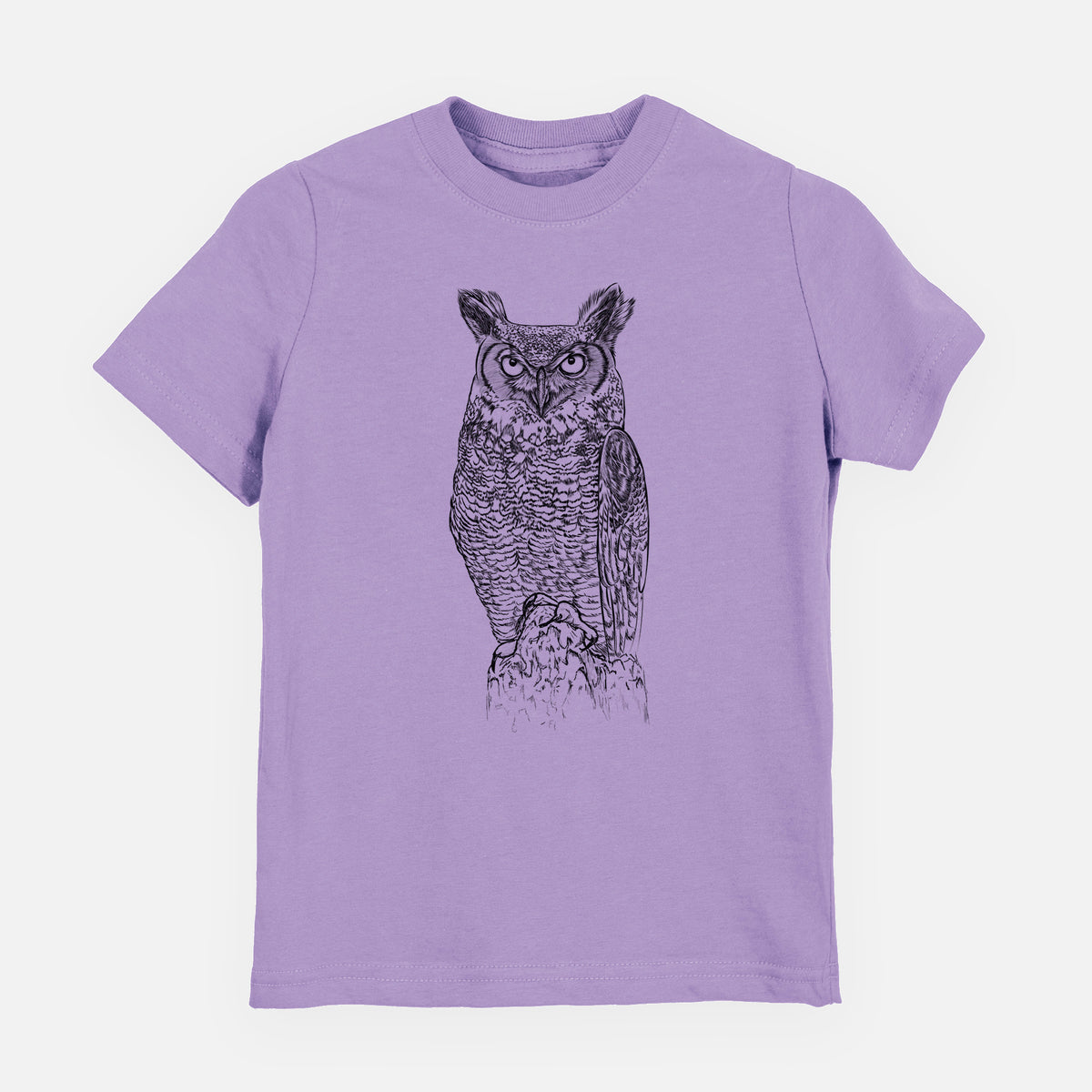 Lavender youth t-shirt laid flat, printed with a detailed black ink illustration of a great horned owl standing upright with its ear tufts raised.