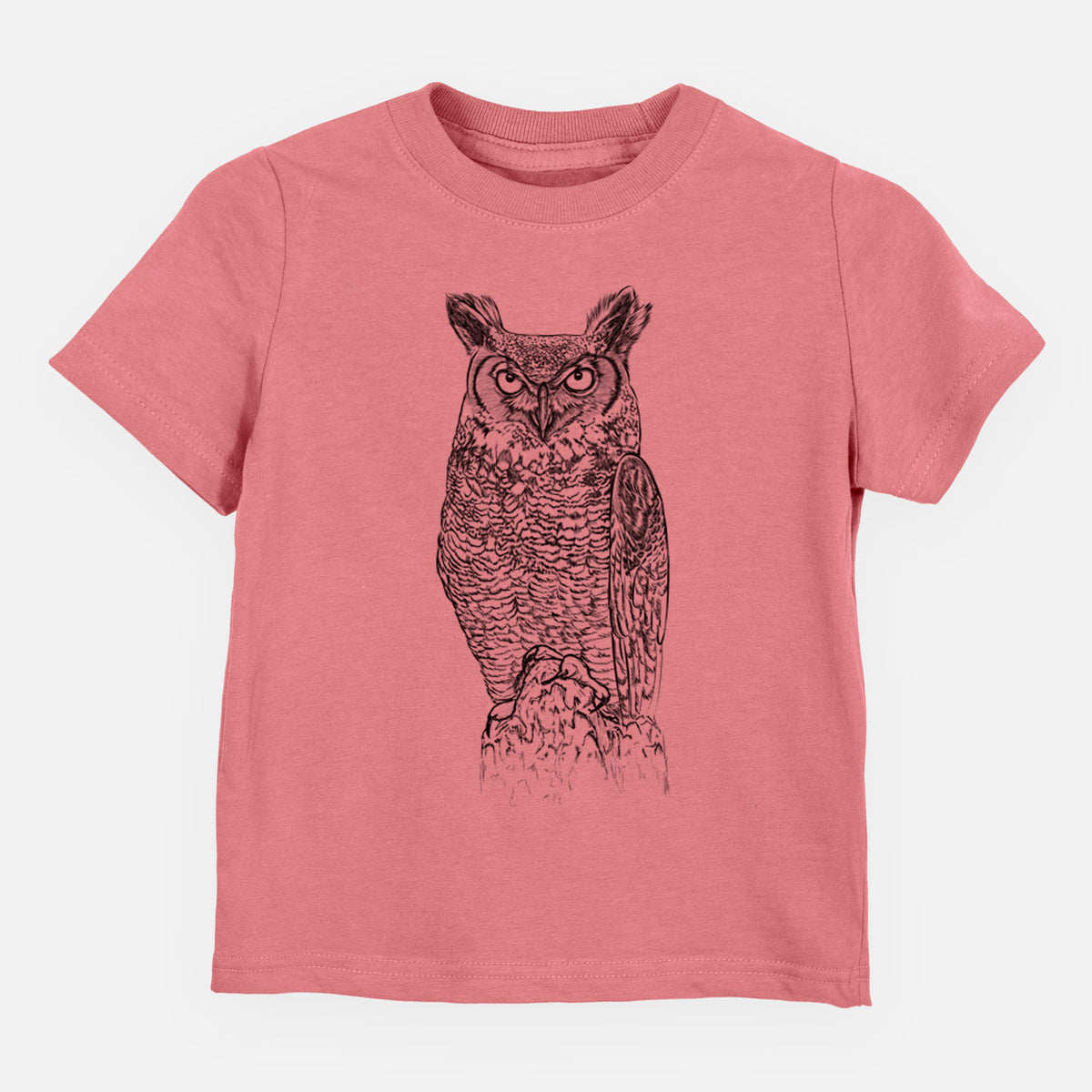 Mauve pink toddler t-shirt laid flat, printed with a detailed black ink illustration of a great horned owl standing upright with its ear tufts raised.