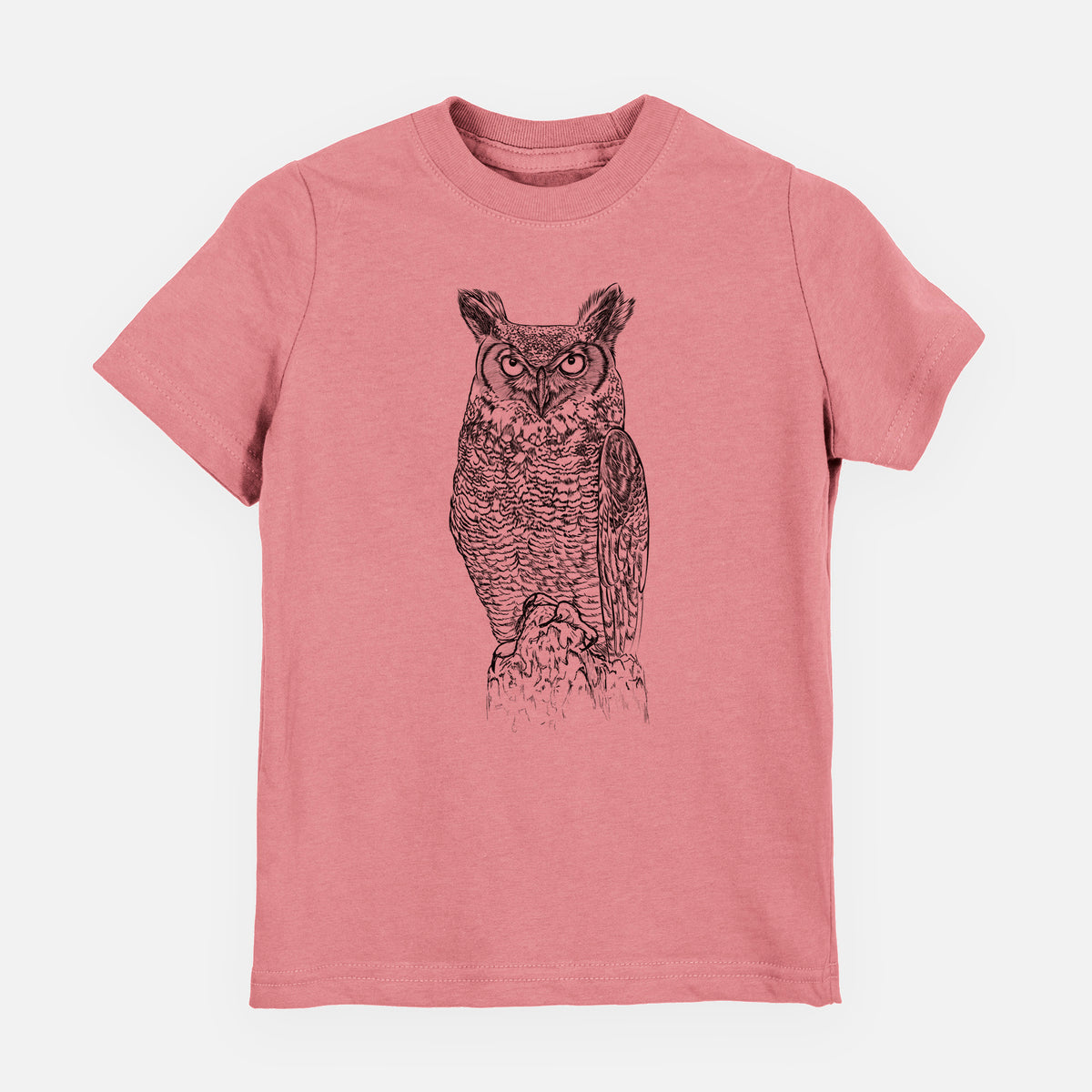 Mauve pink youth t-shirt laid flat, printed with a detailed black ink illustration of a great horned owl standing upright with its ear tufts raised.