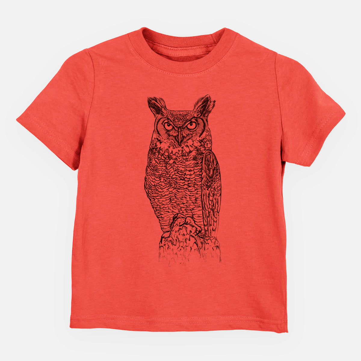 Passionfruit pink toddler t-shirt laid flat, printed with a detailed black ink illustration of a great horned owl standing upright with its ear tufts raised.