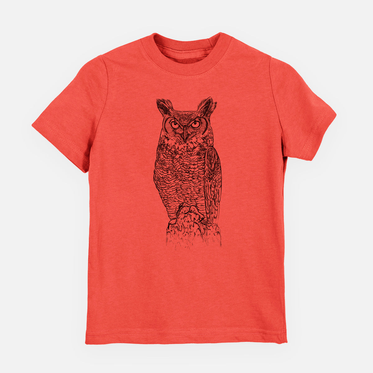 Passionfruit pink youth t-shirt laid flat, printed with a detailed black ink illustration of a great horned owl standing upright with its ear tufts raised.
