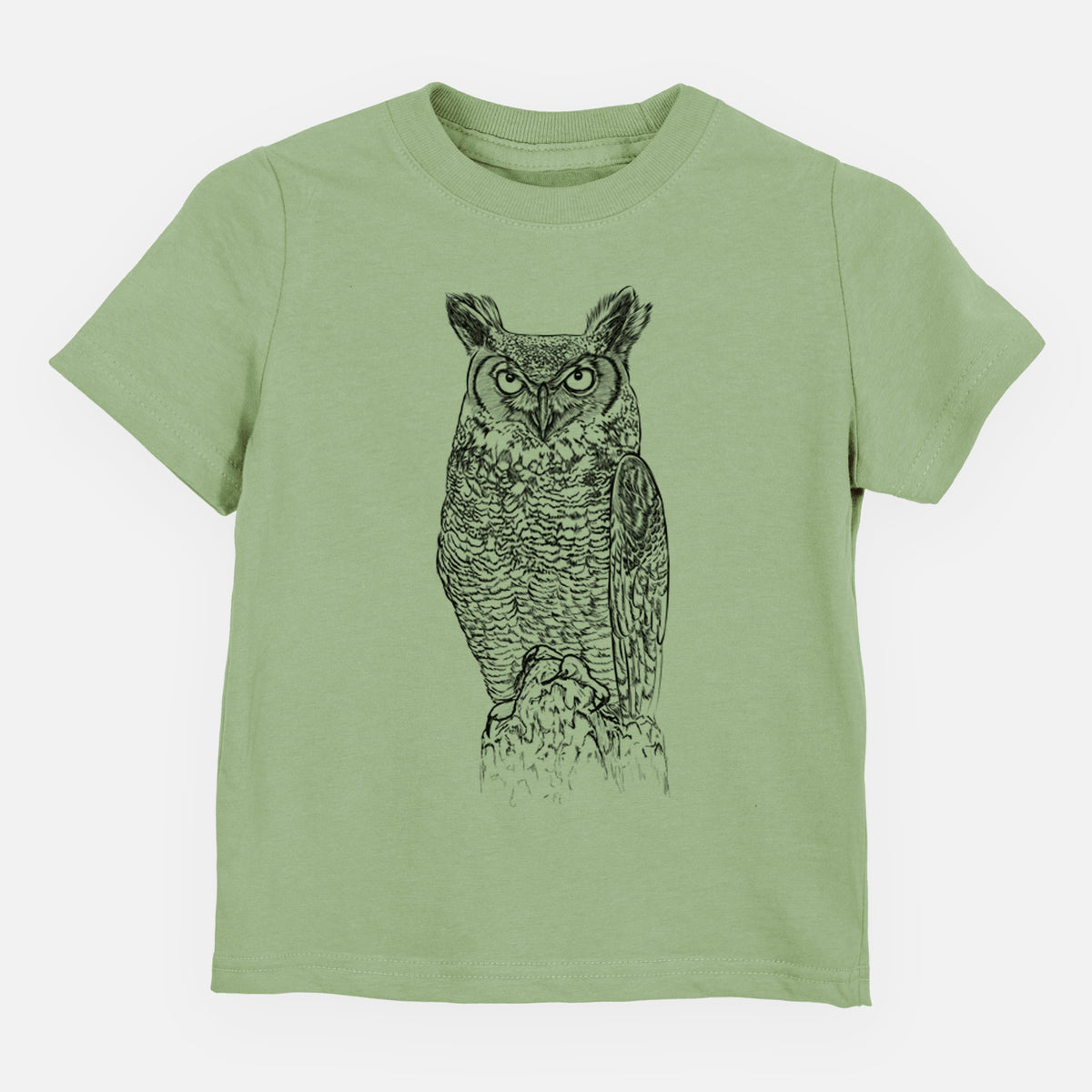 Sage green toddler t-shirt laid flat, printed with a detailed black ink illustration of a great horned owl standing upright with its ear tufts raised.