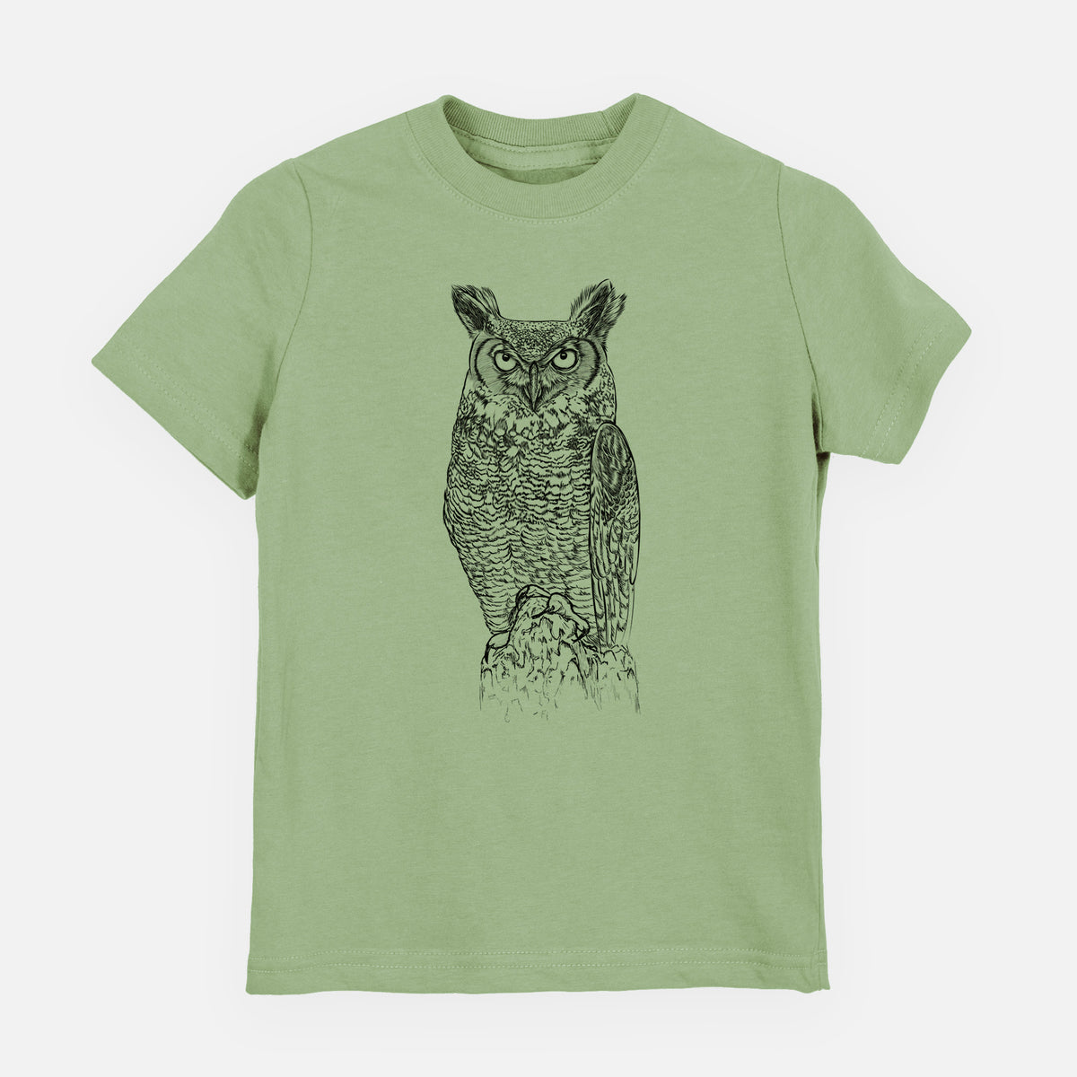 Sage green youth t-shirt laid flat, printed with a detailed black ink illustration of a great horned owl standing upright with its ear tufts raised.