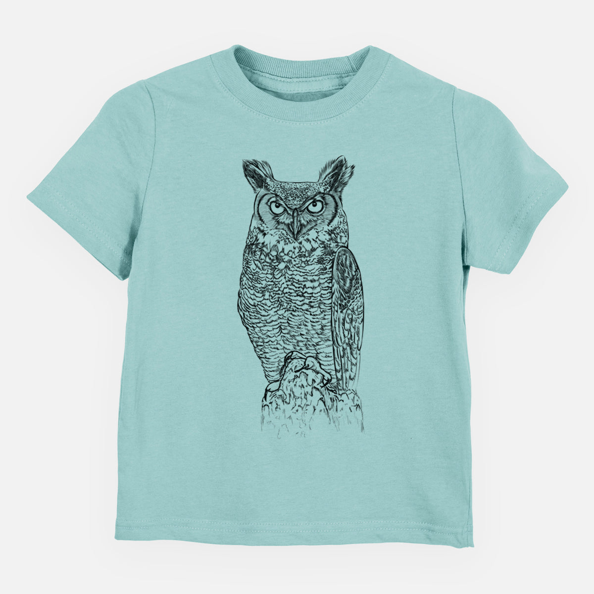 Saltwater toddler t-shirt laid flat, printed with a detailed black ink illustration of a great horned owl standing upright with its ear tufts raised.