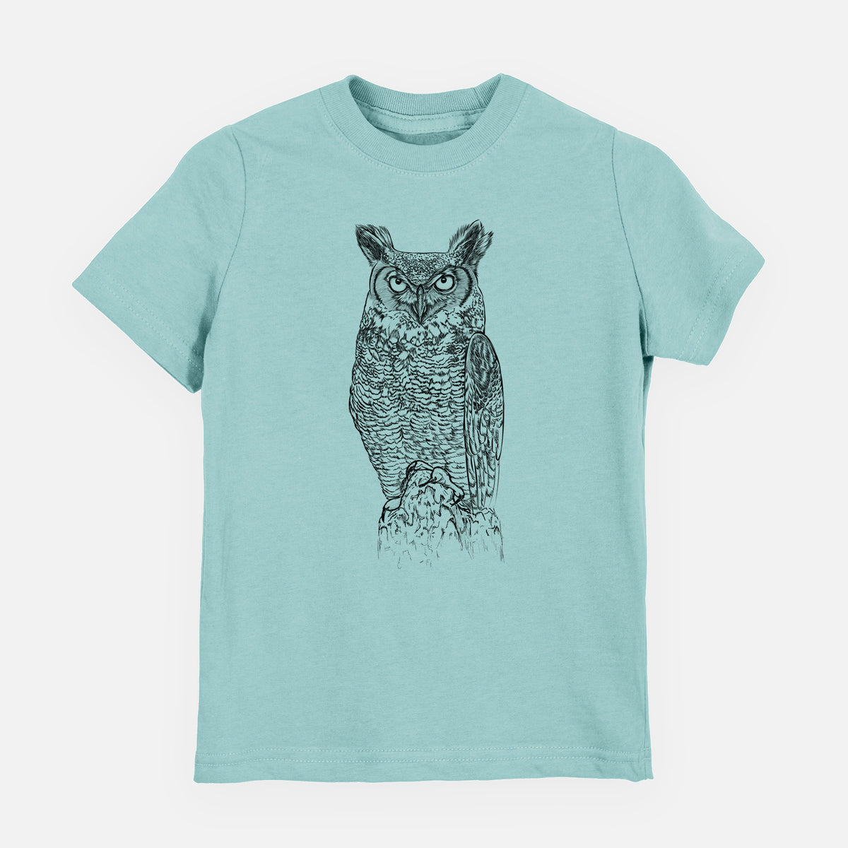 Saltwater youth t-shirt laid flat, printed with a detailed black ink illustration of a great horned owl standing upright with its ear tufts raised.