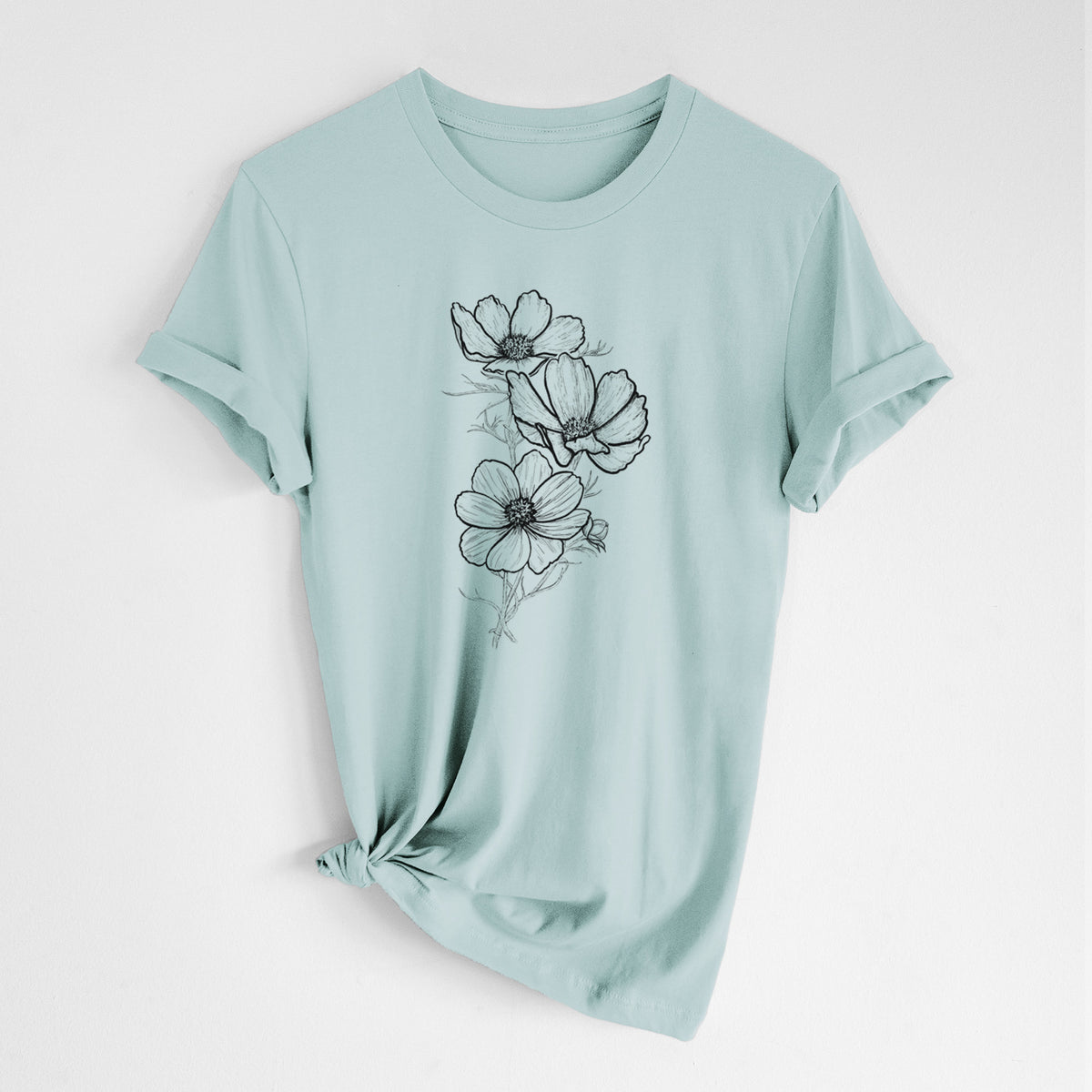 Dusty blue lightweight cotton t-shirt laid flat with the sleeves rolled, printed with a black ink line drawing of garden cosmos flowers on stems.