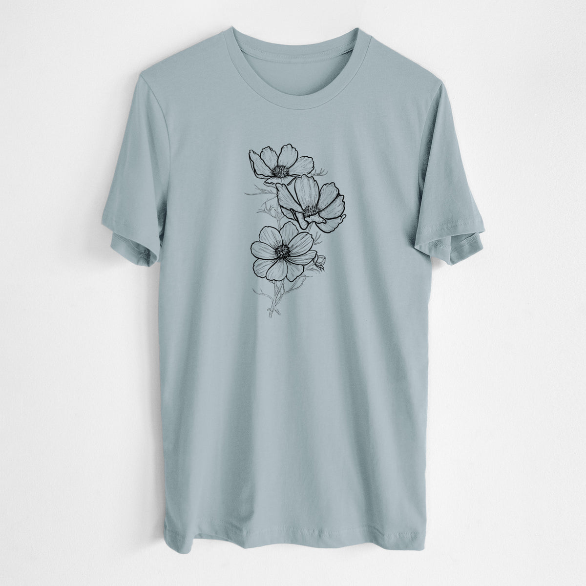 Vintage denim lightweight cotton t-shirt laid flat, printed with a black ink line drawing of garden cosmos flowers on stems.