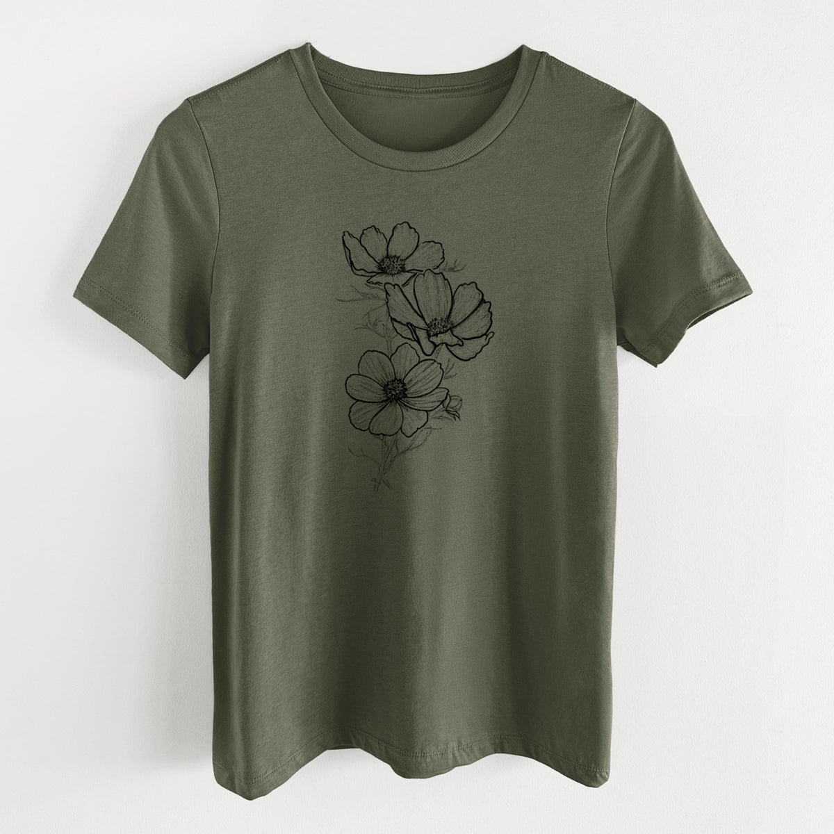 Military green women's relaxed fit cotton t-shirt laid flat, printed with a black ink line drawing of garden cosmos flowers on stems.