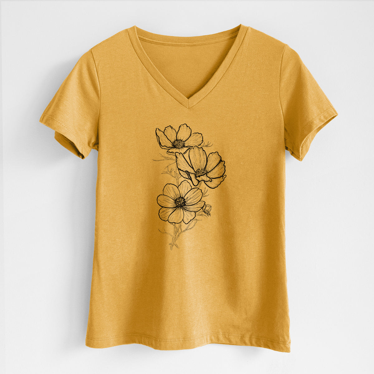 Honeycomb yellow women's relaxed fit cotton V-neck t-shirt laid flat, printed with a black ink line drawing of garden cosmos flowers on stems.