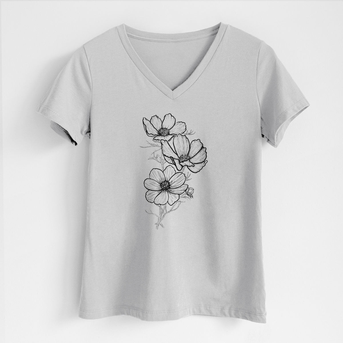 Lunar grey women's relaxed fit cotton V-neck t-shirt laid flat, printed with a black ink line drawing of garden cosmos flowers on stems.