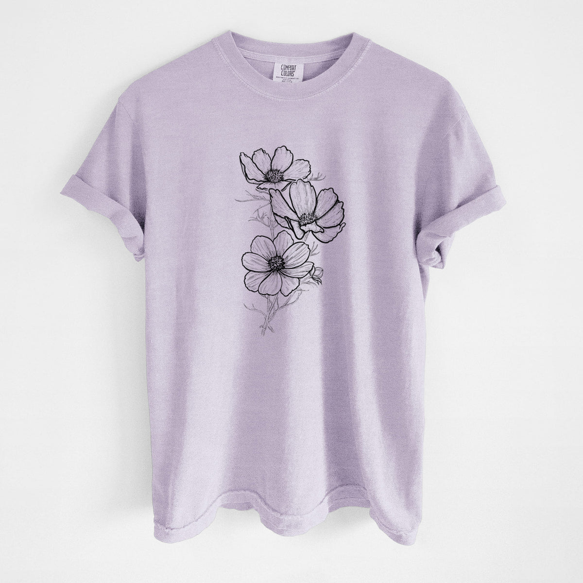 Orchid purple Comfort Colors t-shirt laid flat, printed with a black ink line drawing of garden cosmos flowers on stems.