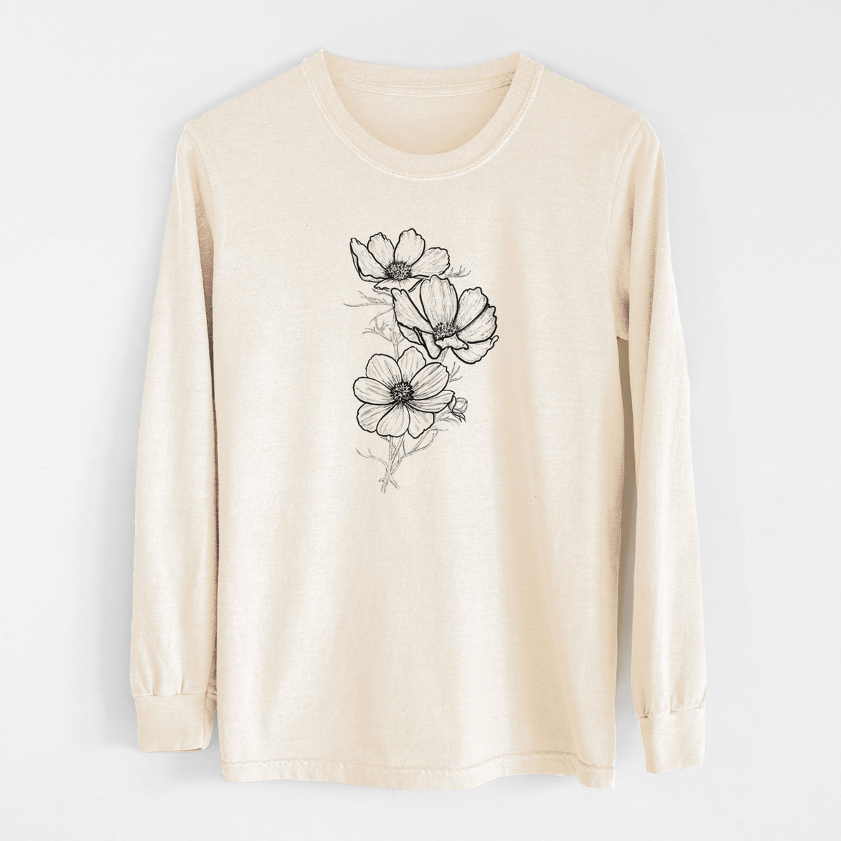 Ivory Comfort Colors long sleeve shirt laid flat, printed with a black ink line drawing of garden cosmos flowers on stems.