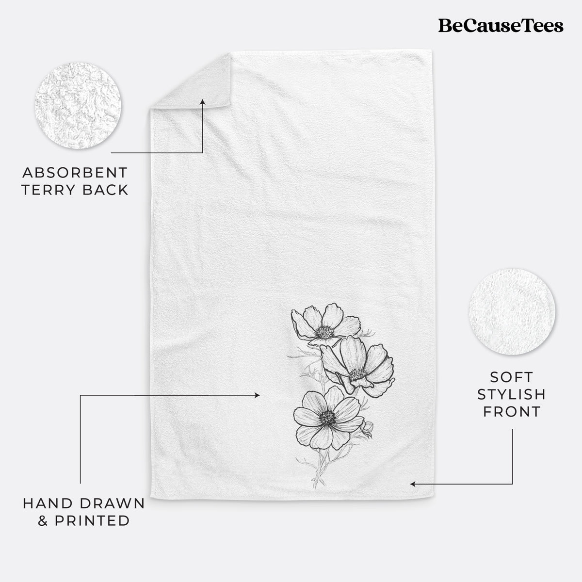 White hand towel printed with a black ink line drawing of garden cosmos flowers on stems.
