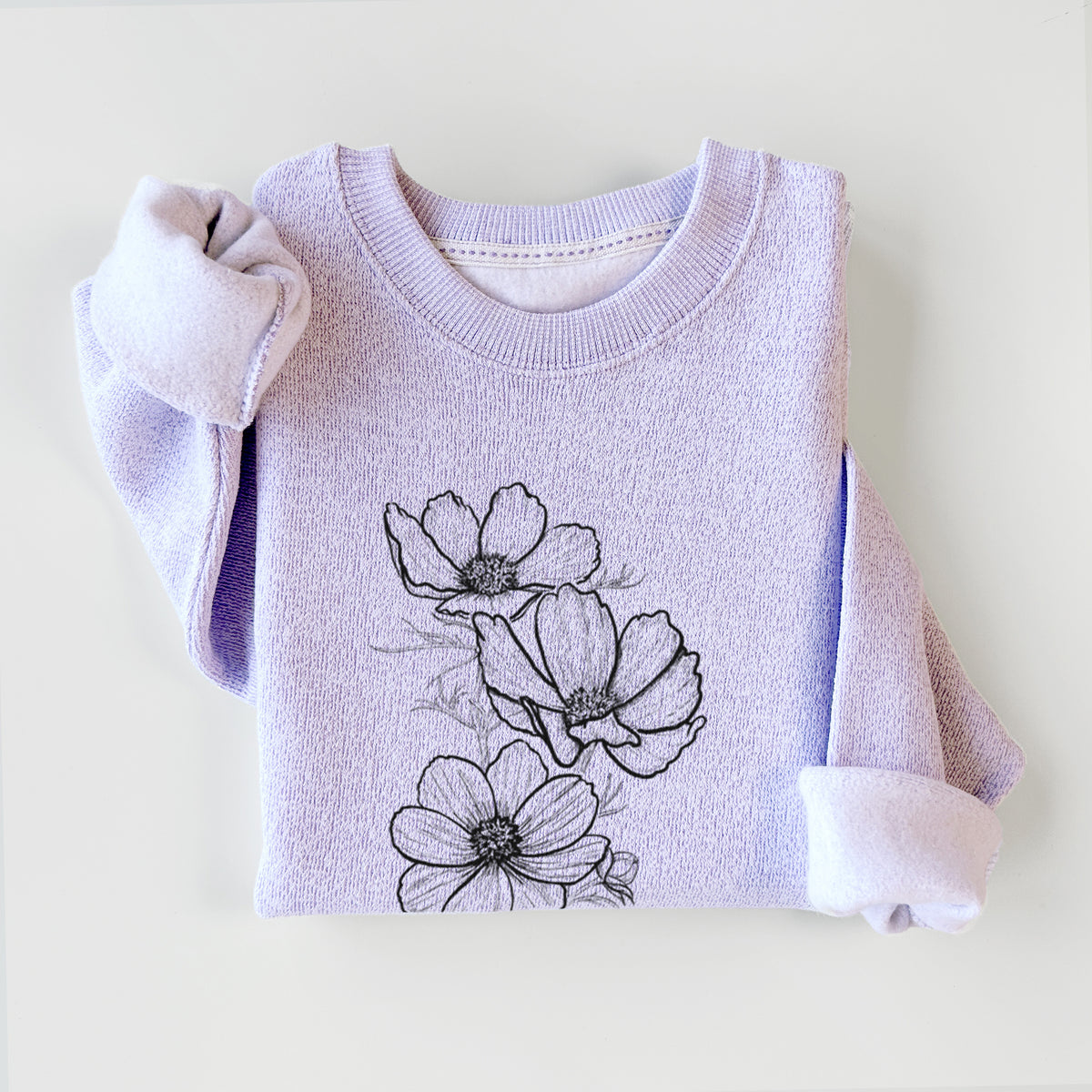 Ice purple knit sweatshirt printed with a black ink line drawing of garden cosmos flowers on stems, styled flat.