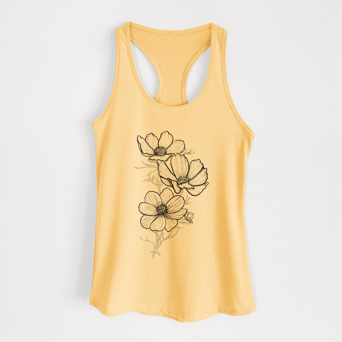 Banana cream women's racerback tank top laid flat, printed with a black ink line drawing of garden cosmos flowers on stems.