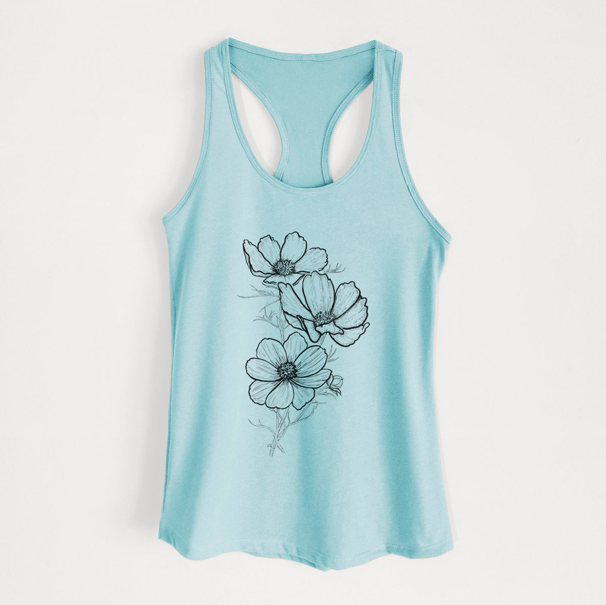 Cancun blue women's racerback tank top laid flat, printed with a black ink line drawing of garden cosmos flowers on stems.