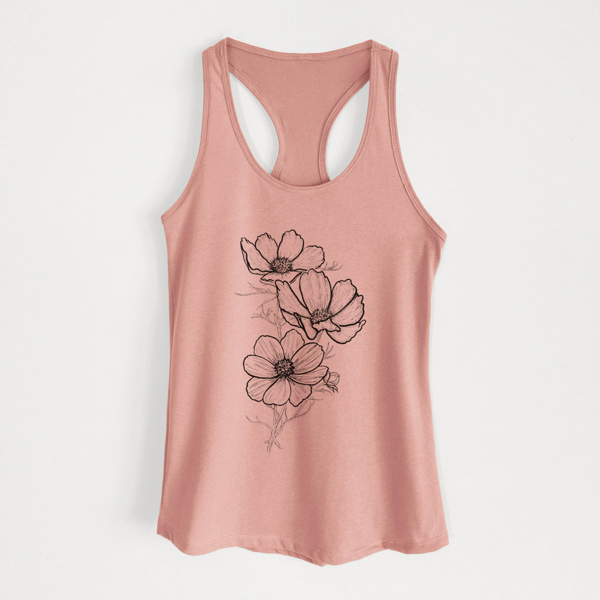 Desert pink women's racerback tank top laid flat, printed with a black ink line drawing of garden cosmos flowers on stems.