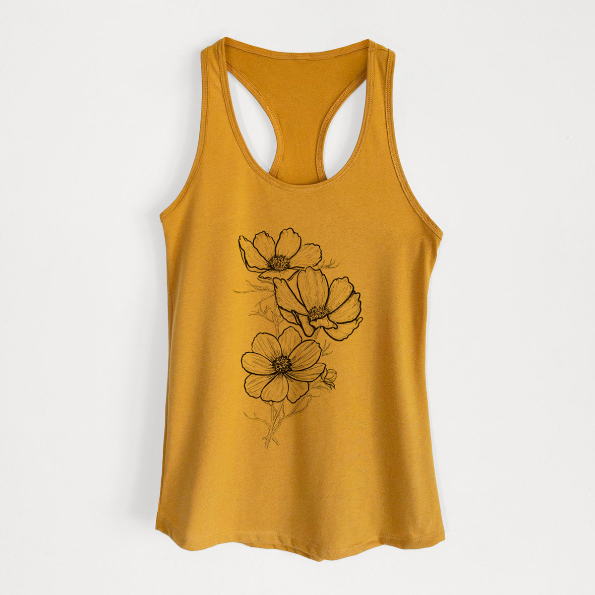 Gold women's racerback tank top laid flat, printed with a black ink line drawing of garden cosmos flowers on stems.