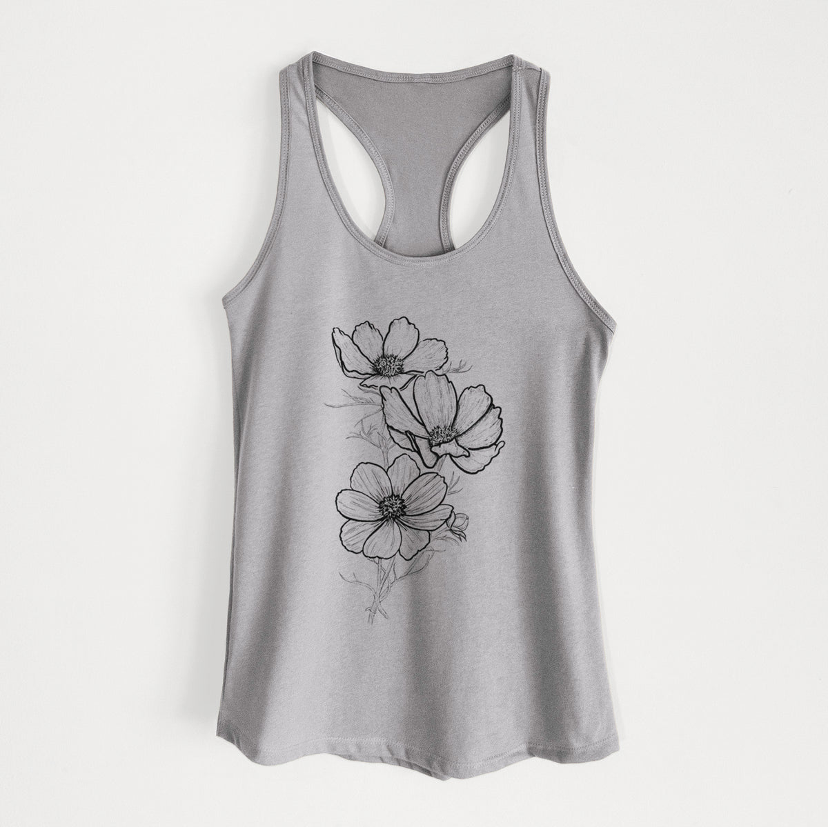 Heather grey women's racerback tank top laid flat, printed with a black ink line drawing of garden cosmos flowers on stems.