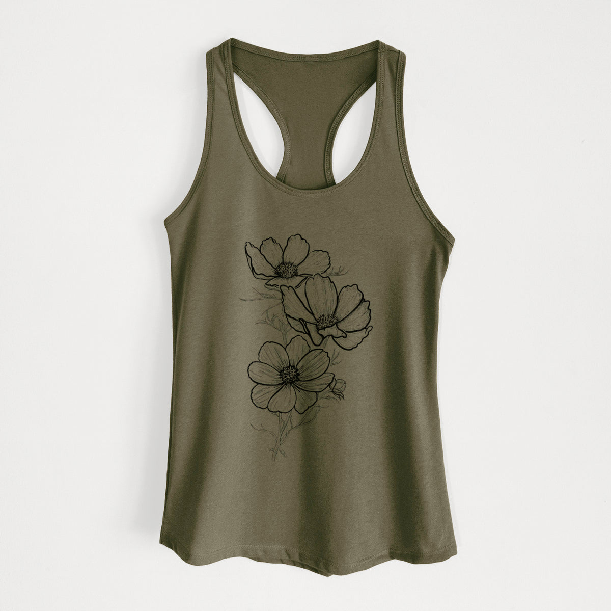 Military green women's racerback tank top laid flat, printed with a black ink line drawing of garden cosmos flowers on stems.
