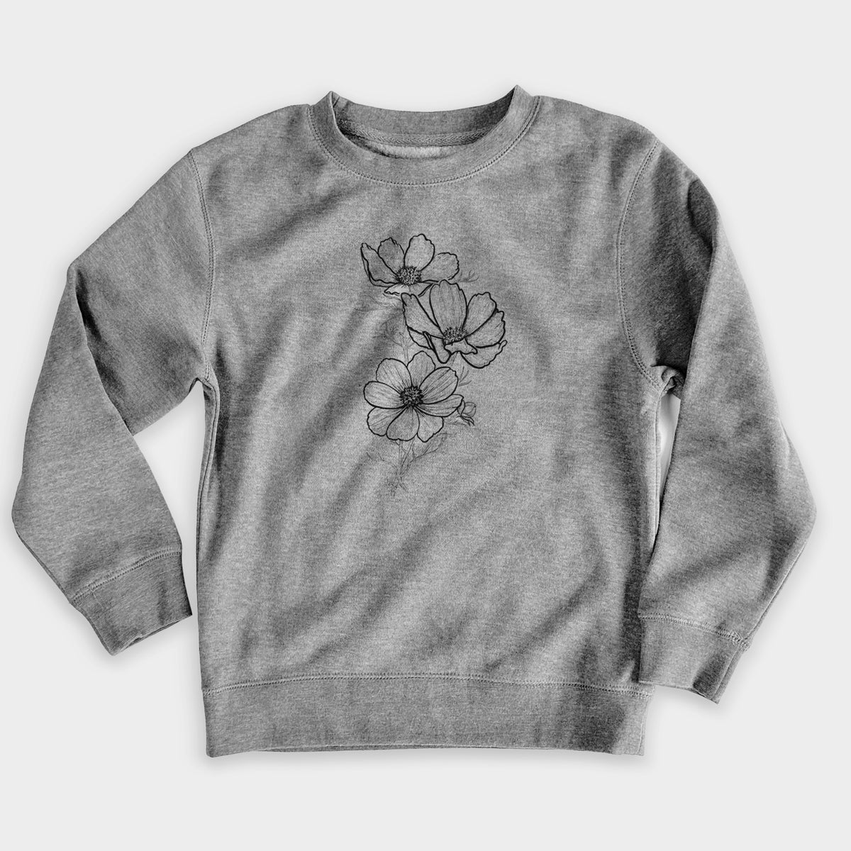 Nickel grey youth crewneck sweatshirt laid flat, printed with a black ink line drawing of garden cosmos flowers on stems.