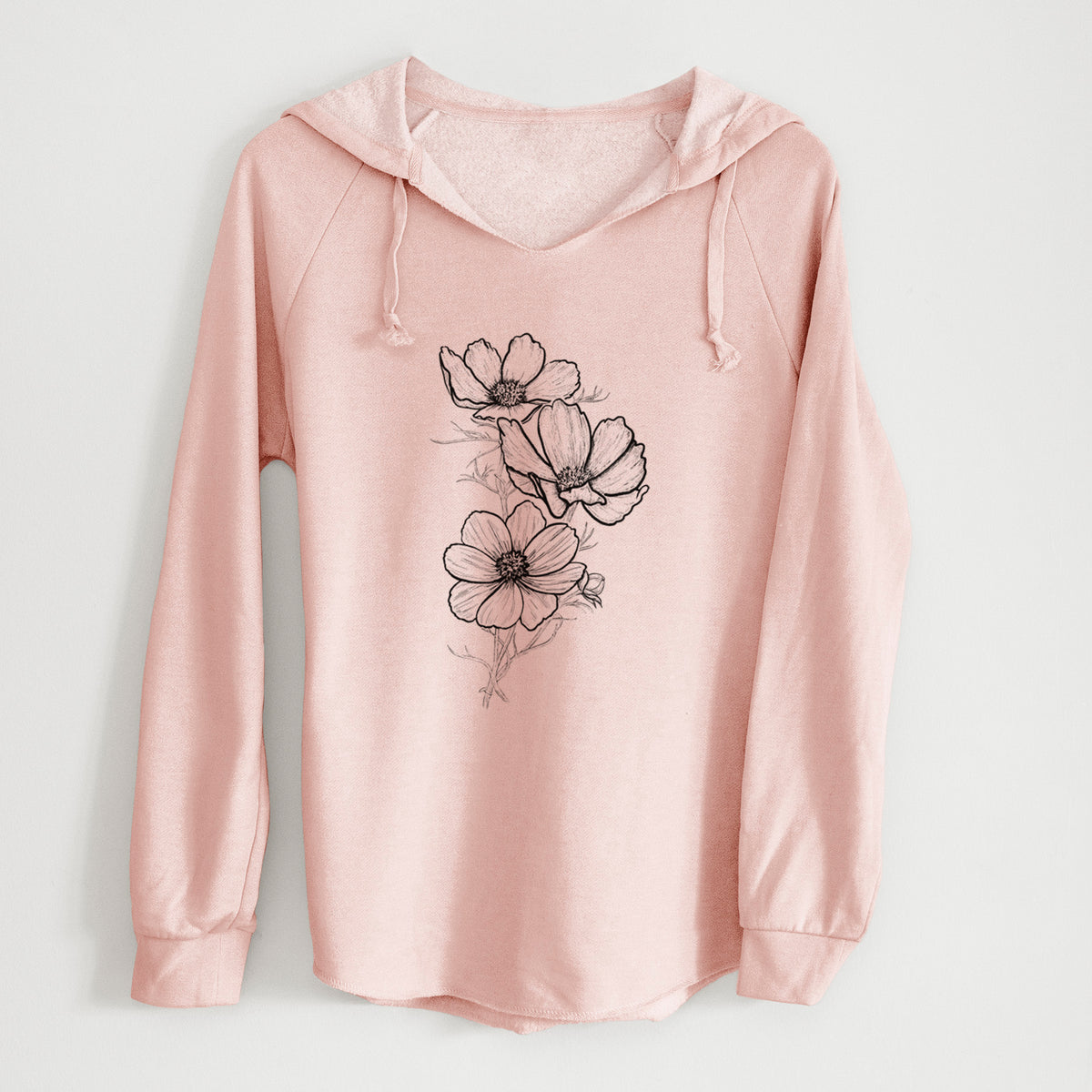 Blush pink women's Cali Wave hooded sweatshirt laid flat, printed with a black ink line drawing of garden cosmos flowers on stems.