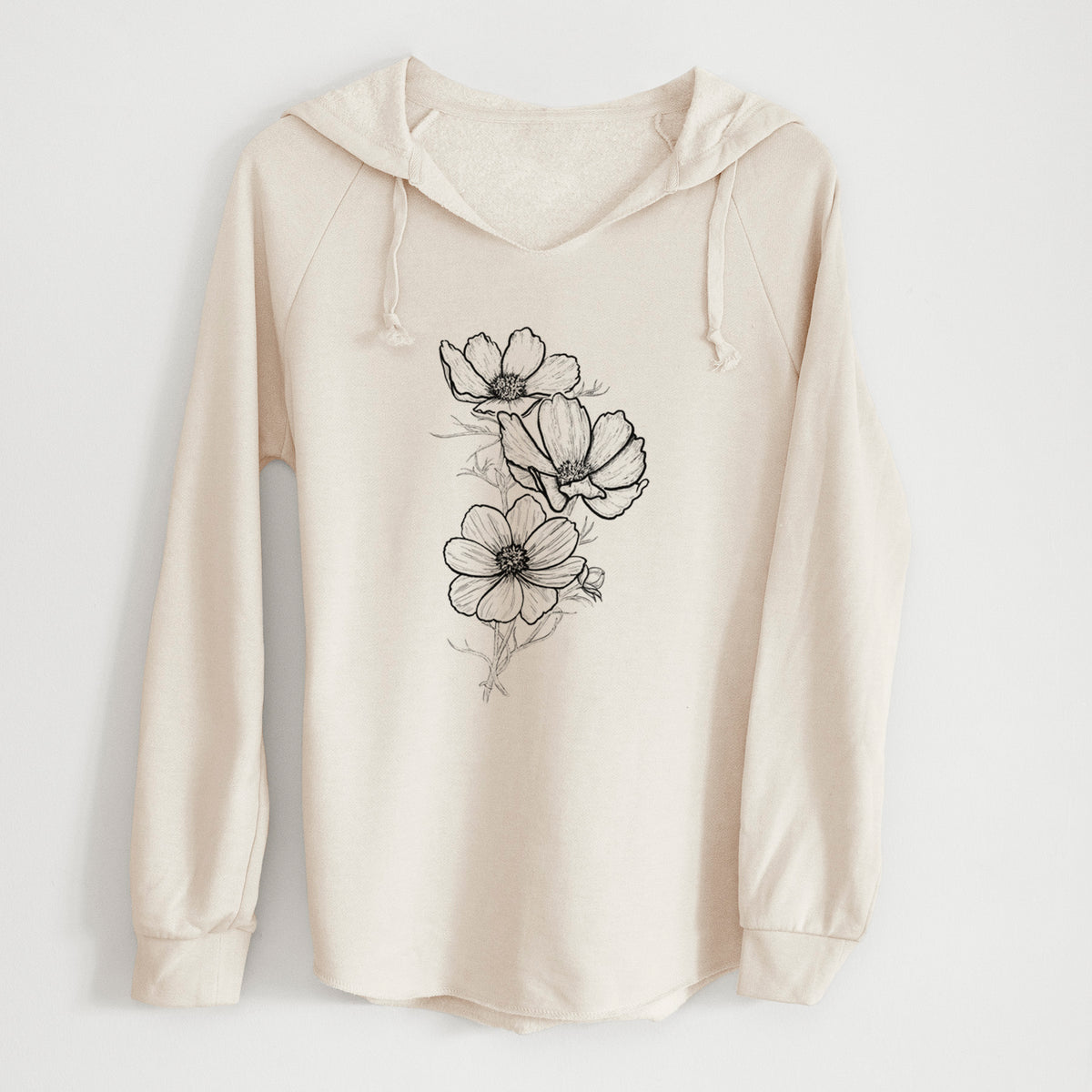 Bone cream women's Cali Wave hooded sweatshirt laid flat, printed with a black ink line drawing of garden cosmos flowers on stems.