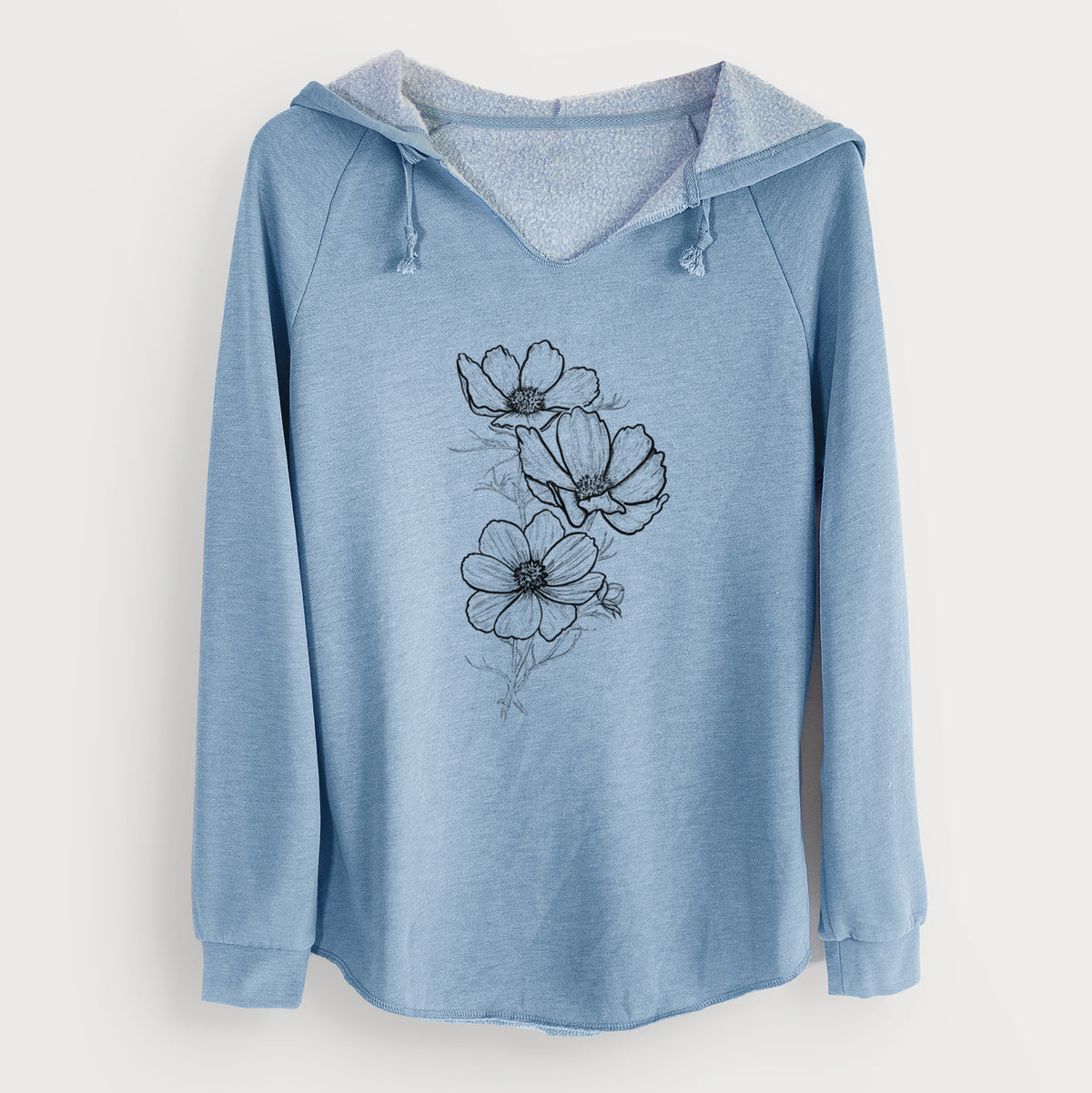 Misty blue women's Cali Wave hooded sweatshirt laid flat, printed with a black ink line drawing of garden cosmos flowers on stems.