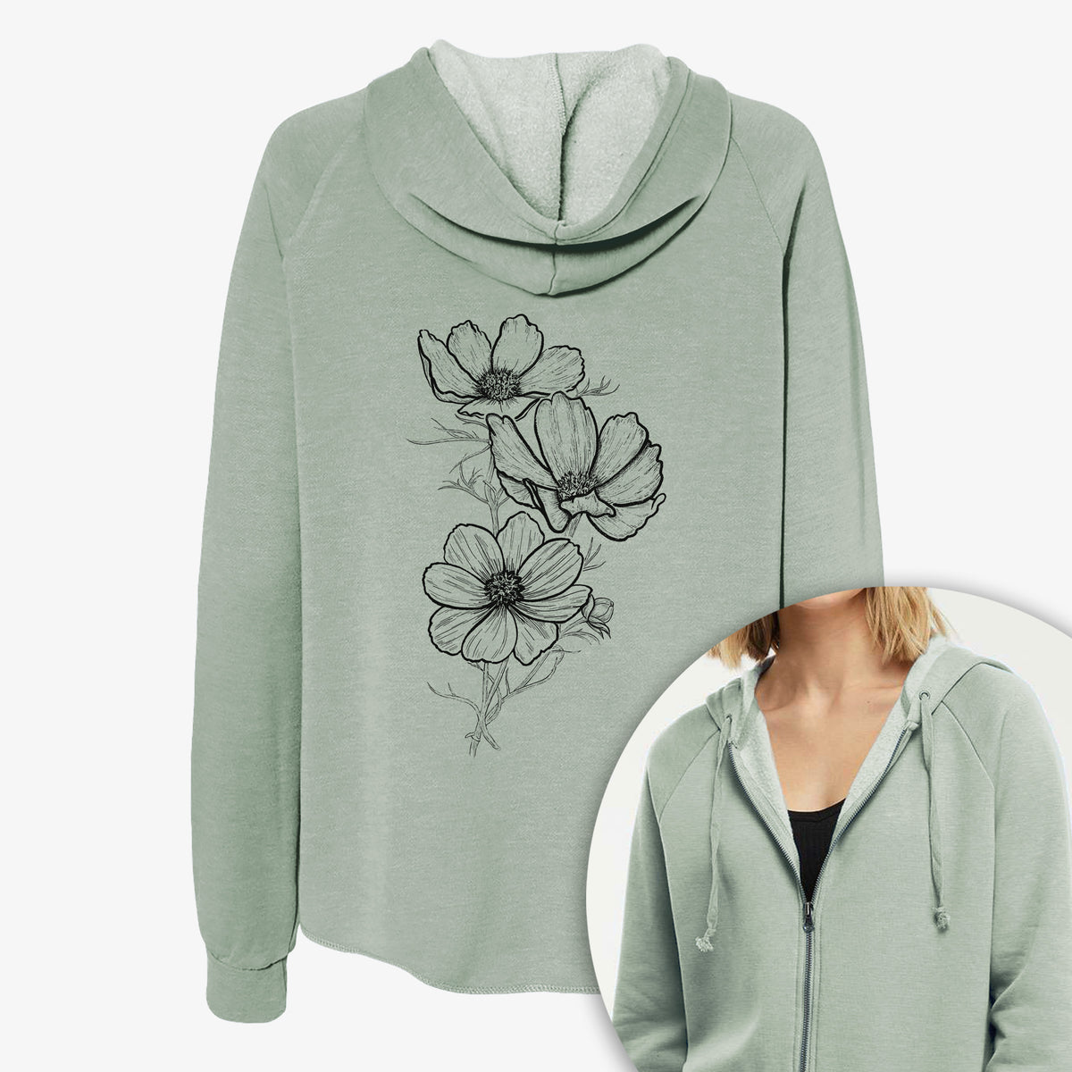 Women's Cali Wave zip-up sweatshirt printed with a black ink line drawing of garden cosmos flowers on stems, with a close-up of the zipper.