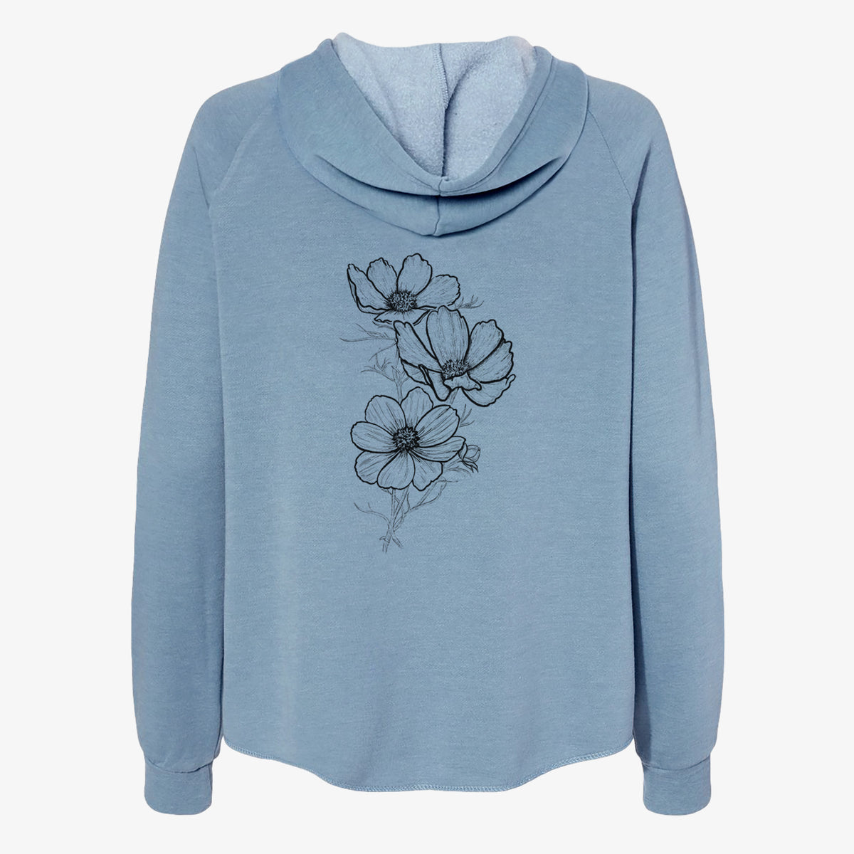 Misty blue women's Cali Wave zip-up sweatshirt laid flat, printed with a black ink line drawing of garden cosmos flowers on stems.