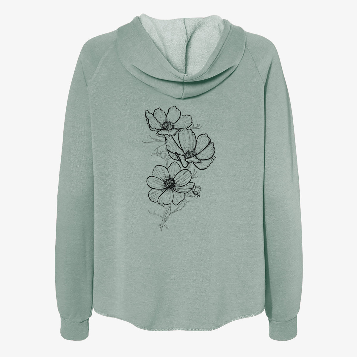Sage green women's Cali Wave zip-up sweatshirt laid flat, printed with a black ink line drawing of garden cosmos flowers on stems.
