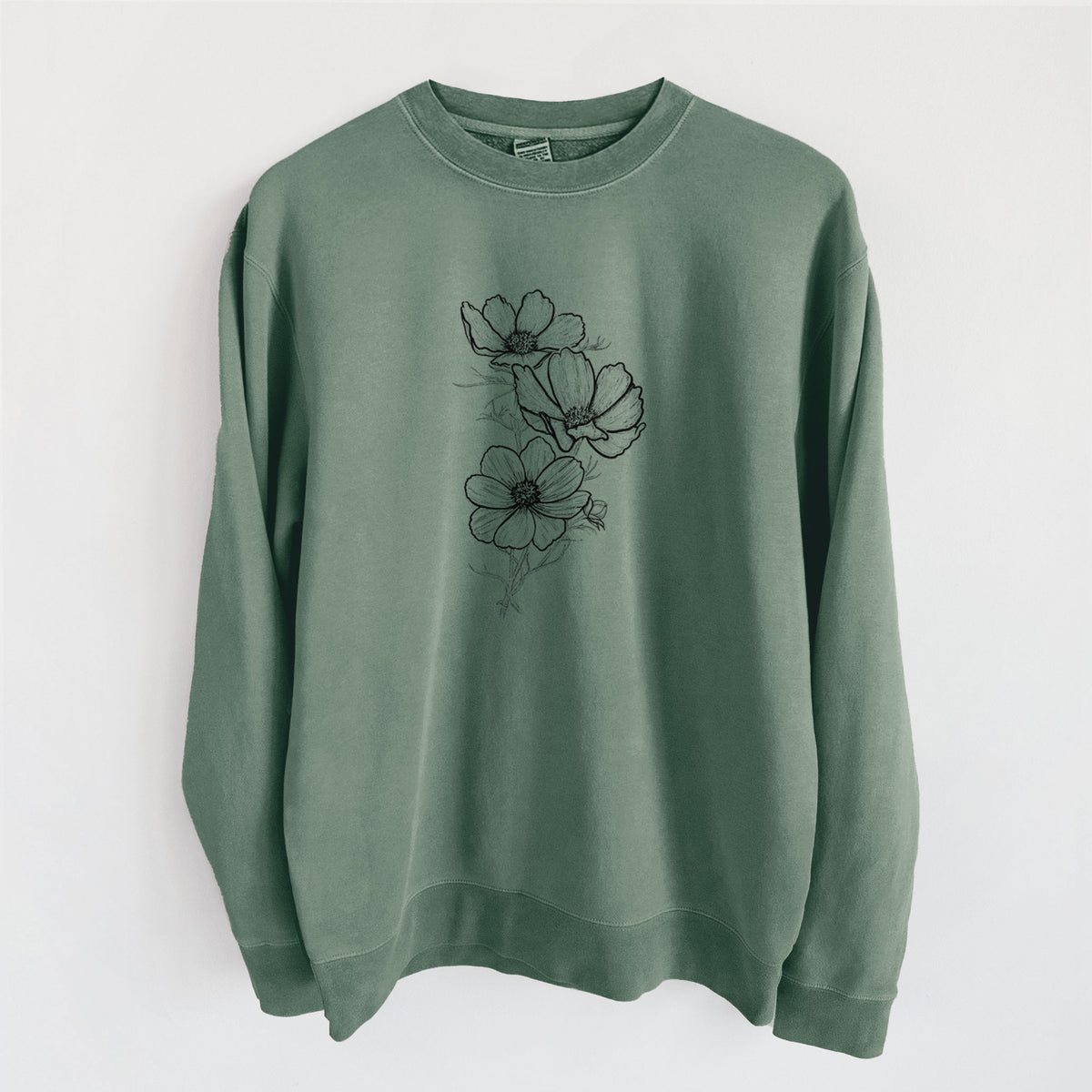 Garden Cosmos - Apollo White Cosmos bipinnatus - Unisex Pigment Dyed Crew Sweatshirt in Alpine Green