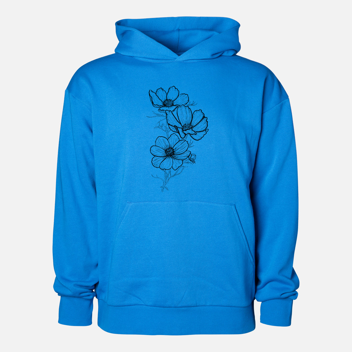 Garden Cosmos - Apollo White Cosmos bipinnatus - Statement Midweight Hoodie in Azure Blue, shown from the front with the design printed on the chest above a front kangaroo pocket.