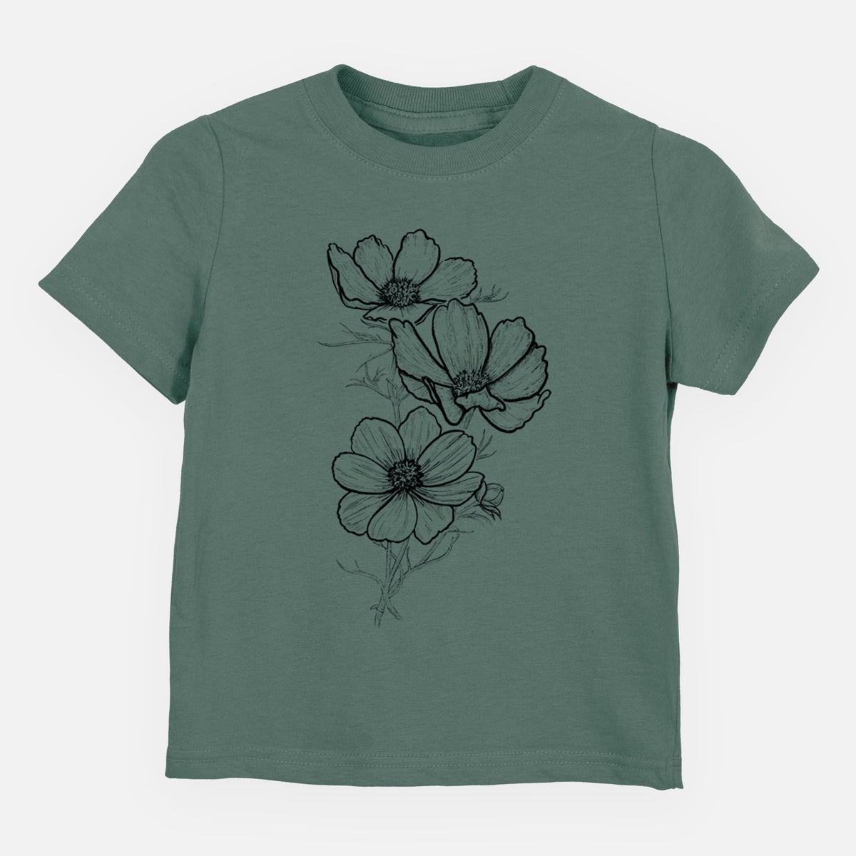Basil green toddler t-shirt laid flat, printed with a black ink line drawing of garden cosmos flowers on stems.