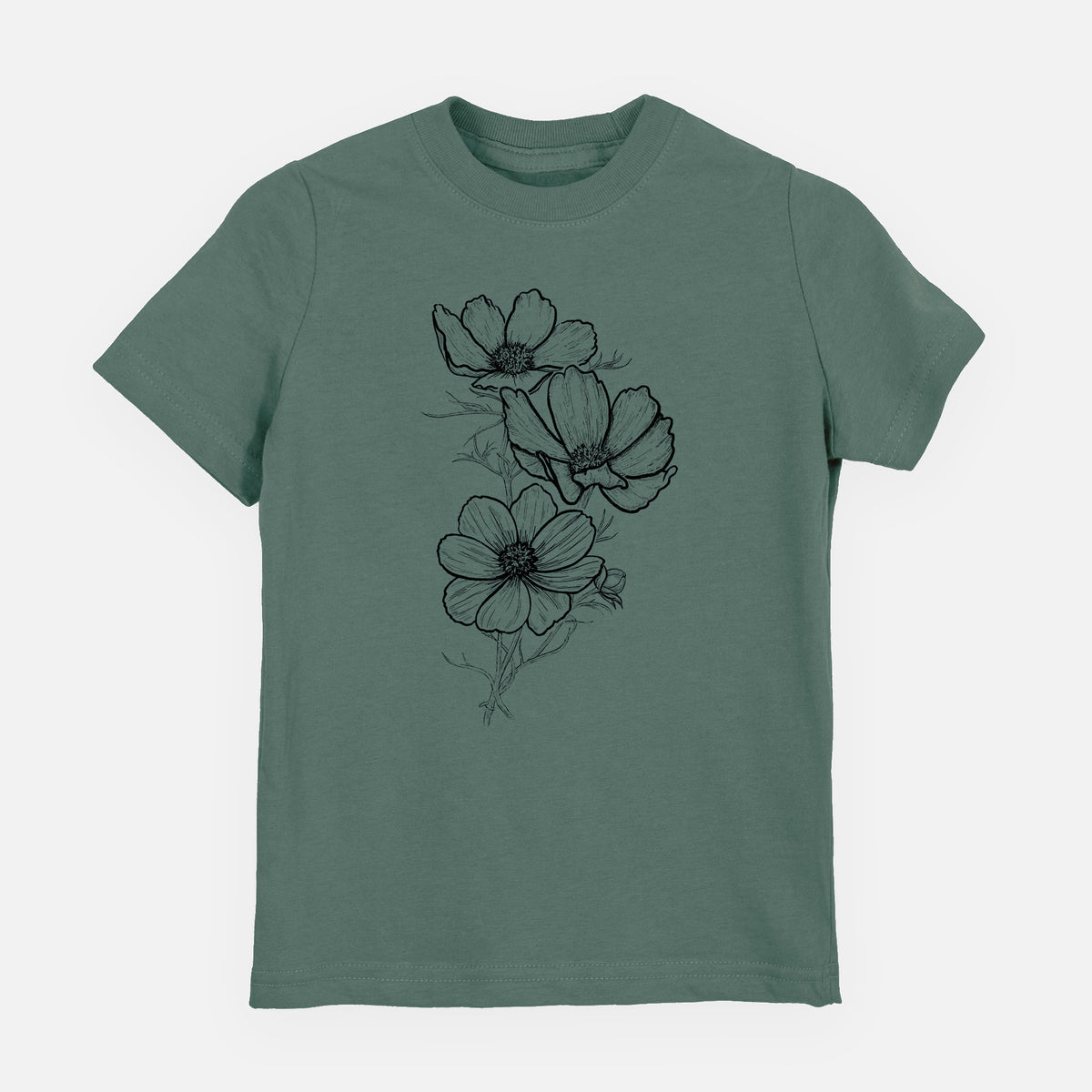 Basil green youth t-shirt laid flat, printed with a black ink line drawing of garden cosmos flowers on stems.