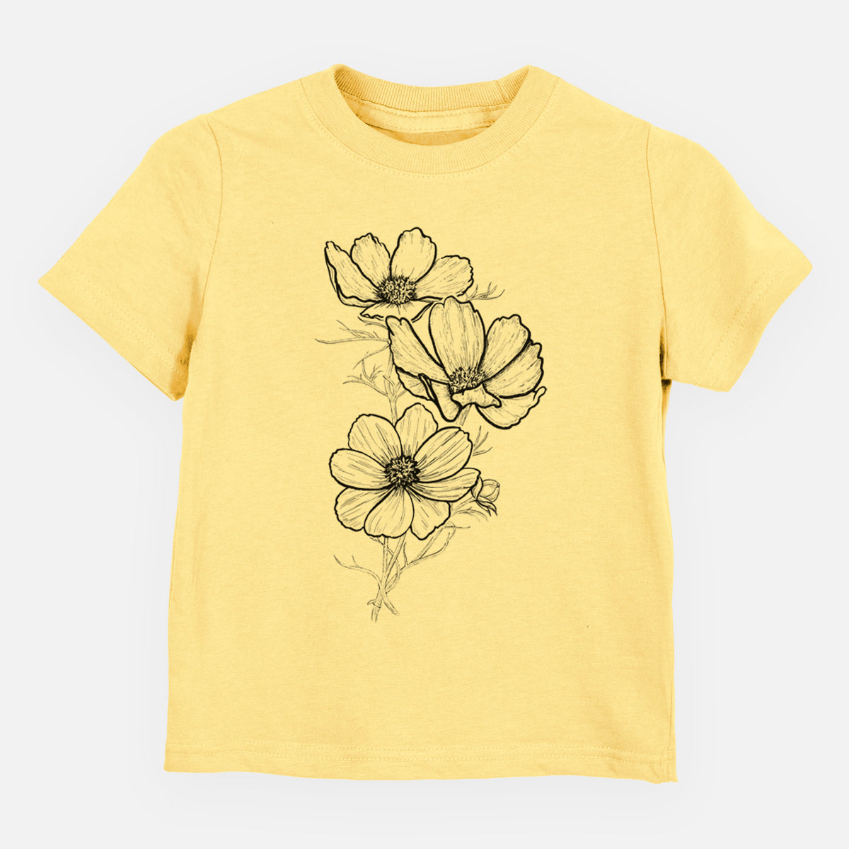 Butter yellow toddler t-shirt laid flat, printed with a black ink line drawing of garden cosmos flowers on stems.