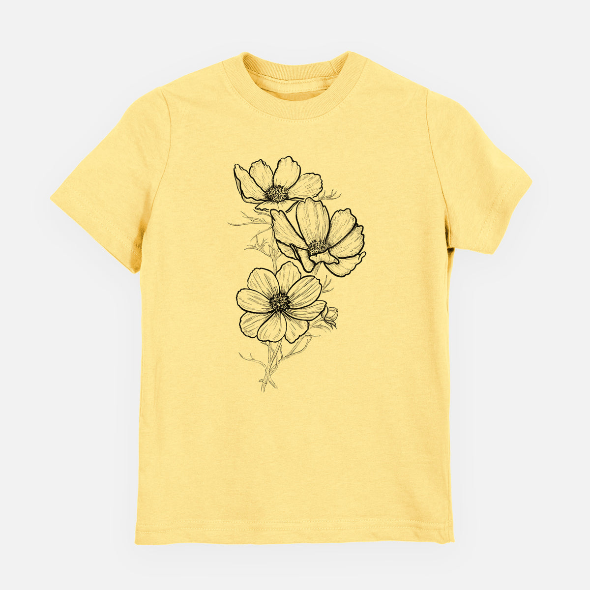 Butter yellow youth t-shirt laid flat, printed with a black ink line drawing of garden cosmos flowers on stems.