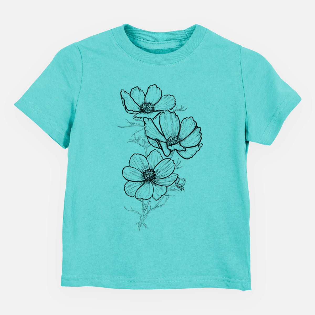 Caribbean blue toddler t-shirt laid flat, printed with a black ink line drawing of garden cosmos flowers on stems.