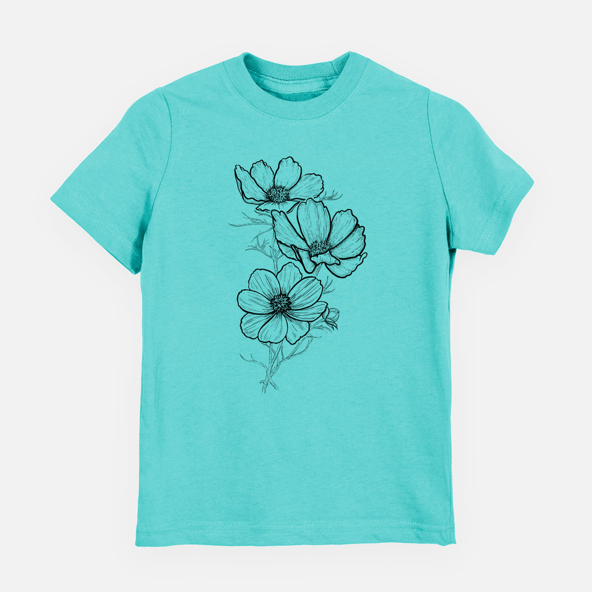 Caribbean blue youth t-shirt laid flat, printed with a black ink line drawing of garden cosmos flowers on stems.