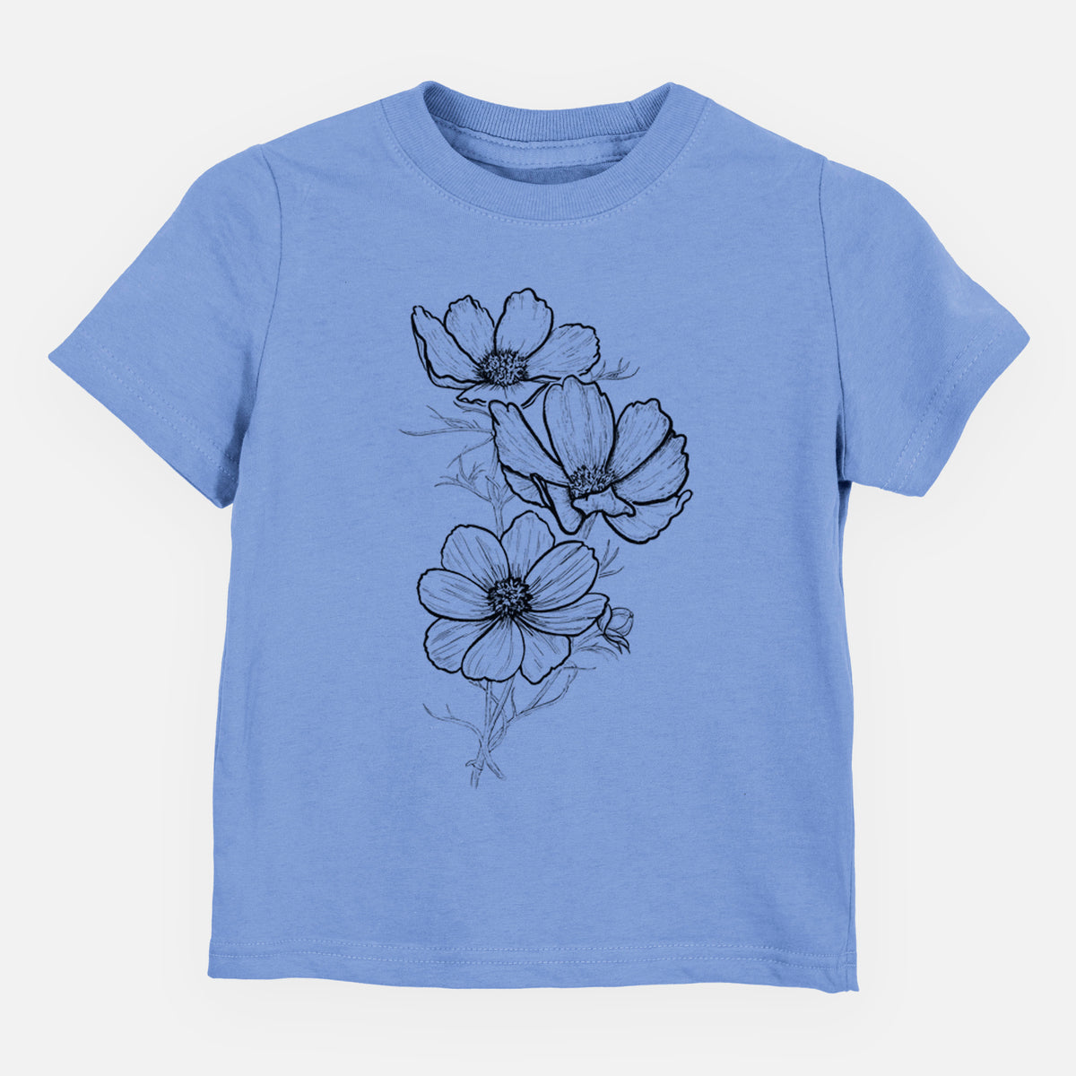 Carolina blue toddler t-shirt laid flat, printed with a black ink line drawing of garden cosmos flowers on stems.