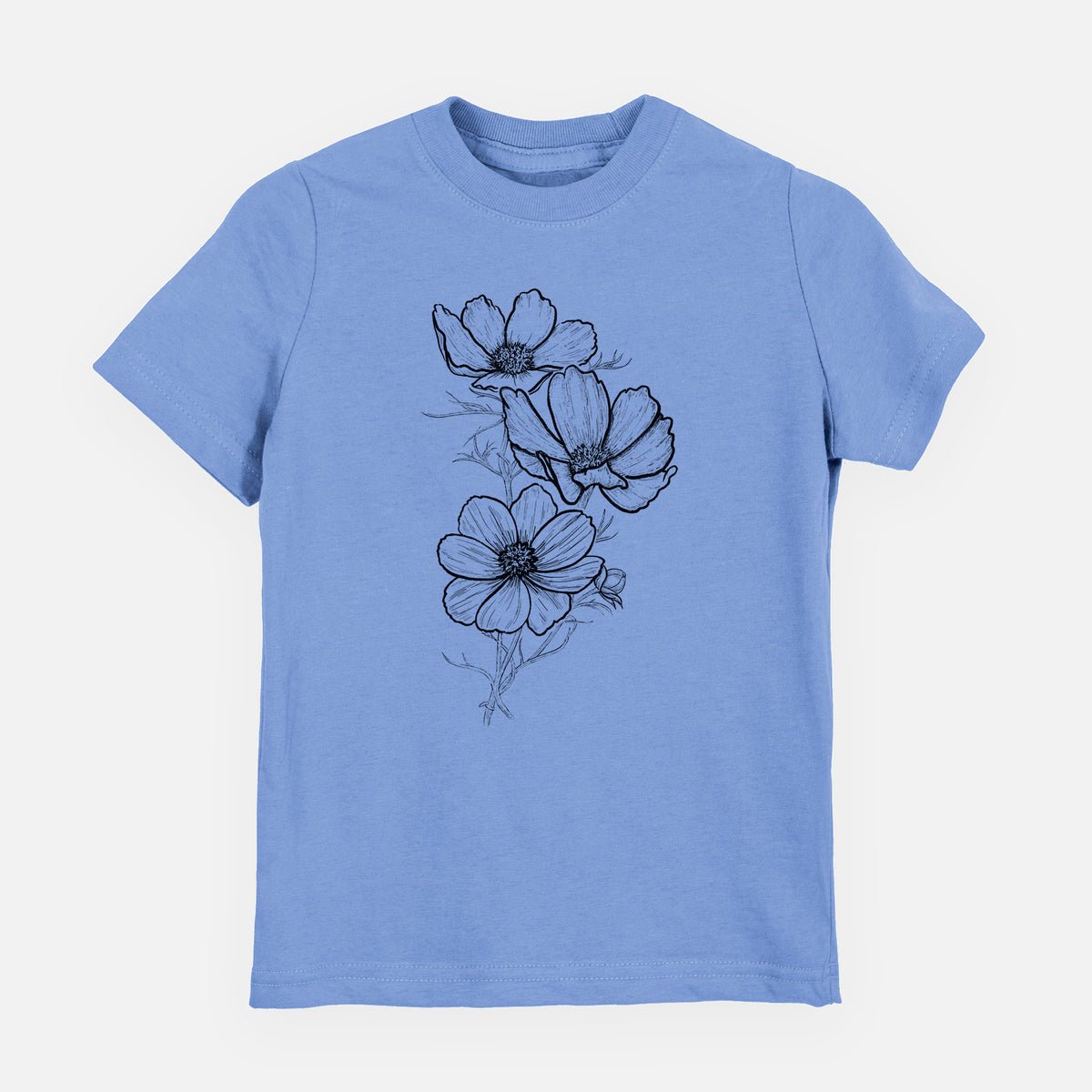 Carolina blue youth t-shirt laid flat, printed with a black ink line drawing of garden cosmos flowers on stems.