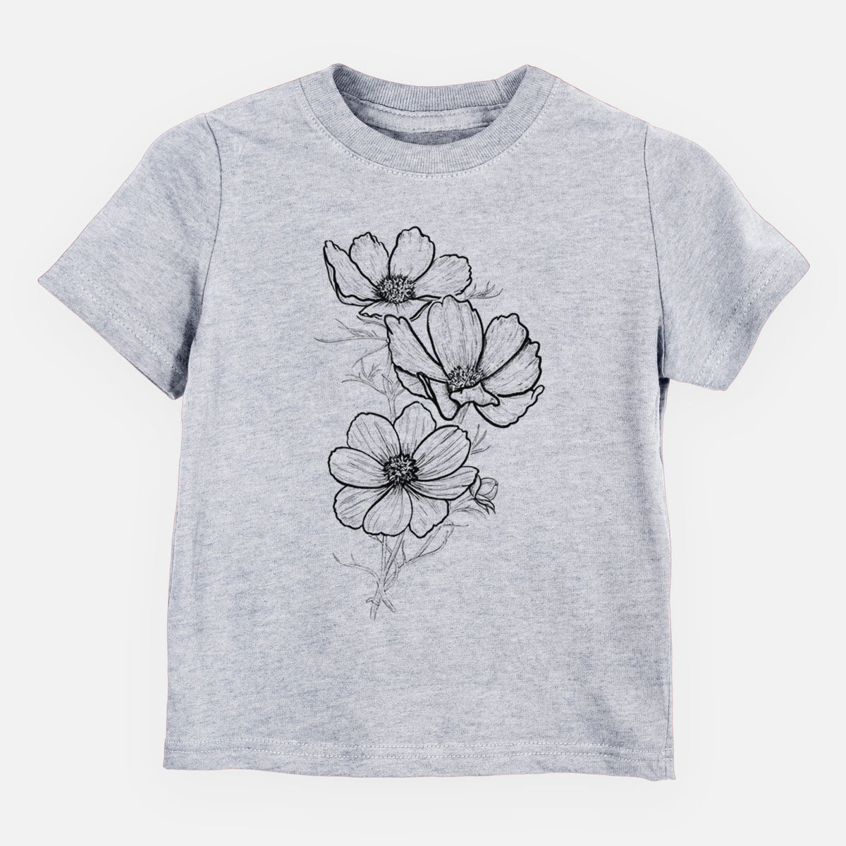 Heather grey toddler t-shirt laid flat, printed with a black ink line drawing of garden cosmos flowers on stems.