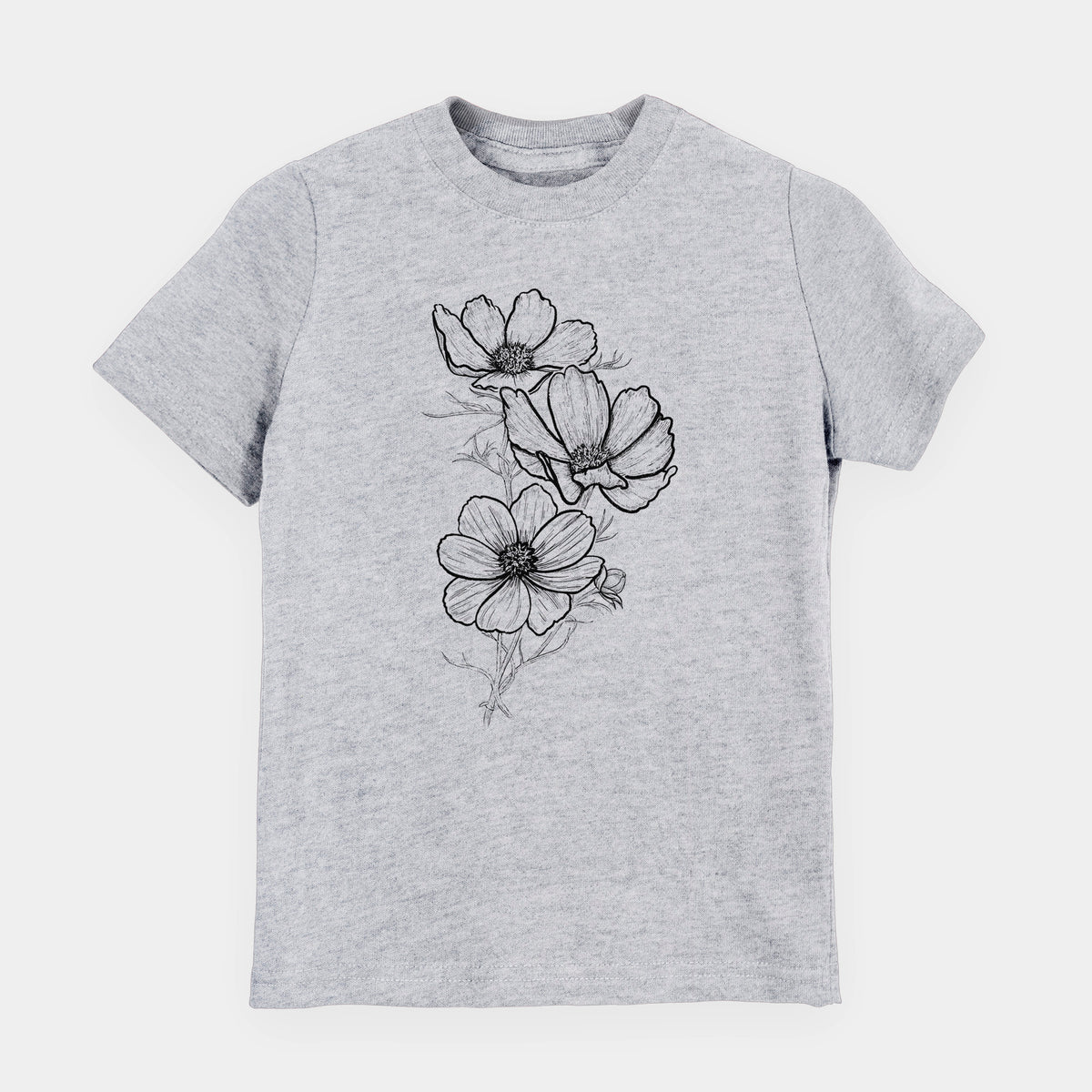 Heather grey youth t-shirt laid flat, printed with a black ink line drawing of garden cosmos flowers on stems.