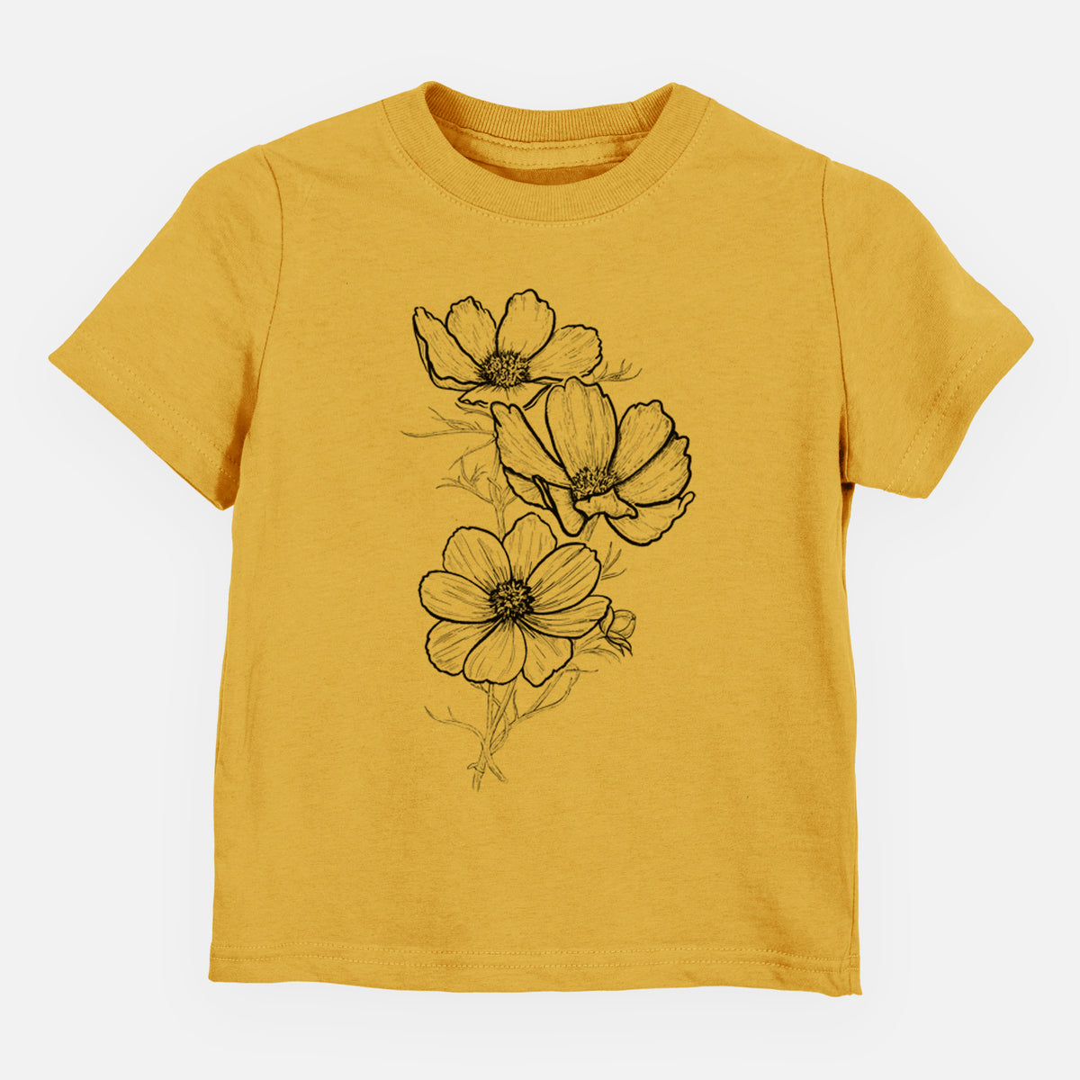 Honeycomb yellow toddler t-shirt laid flat, printed with a black ink line drawing of garden cosmos flowers on stems.