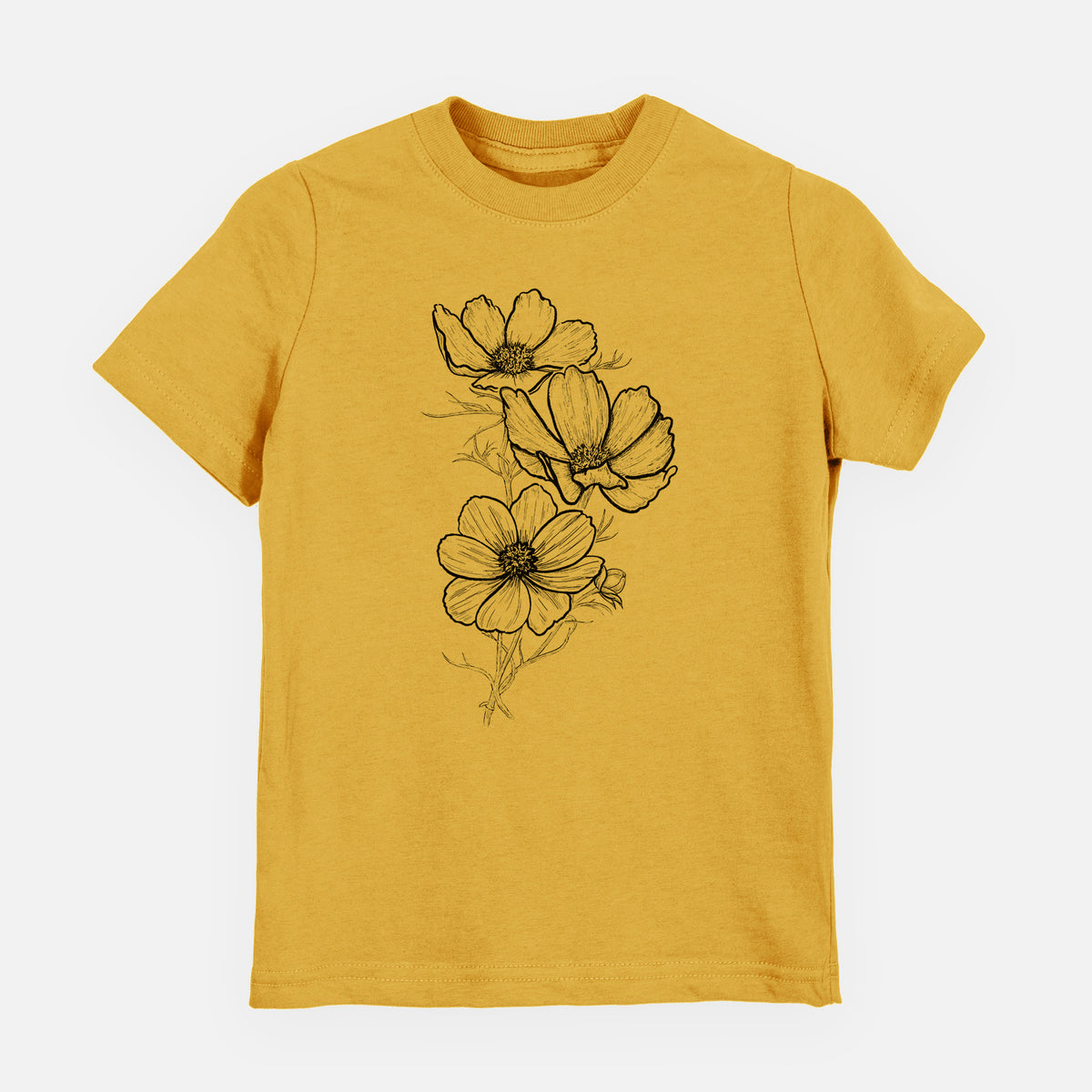Honeycomb yellow youth t-shirt laid flat, printed with a black ink line drawing of garden cosmos flowers on stems.